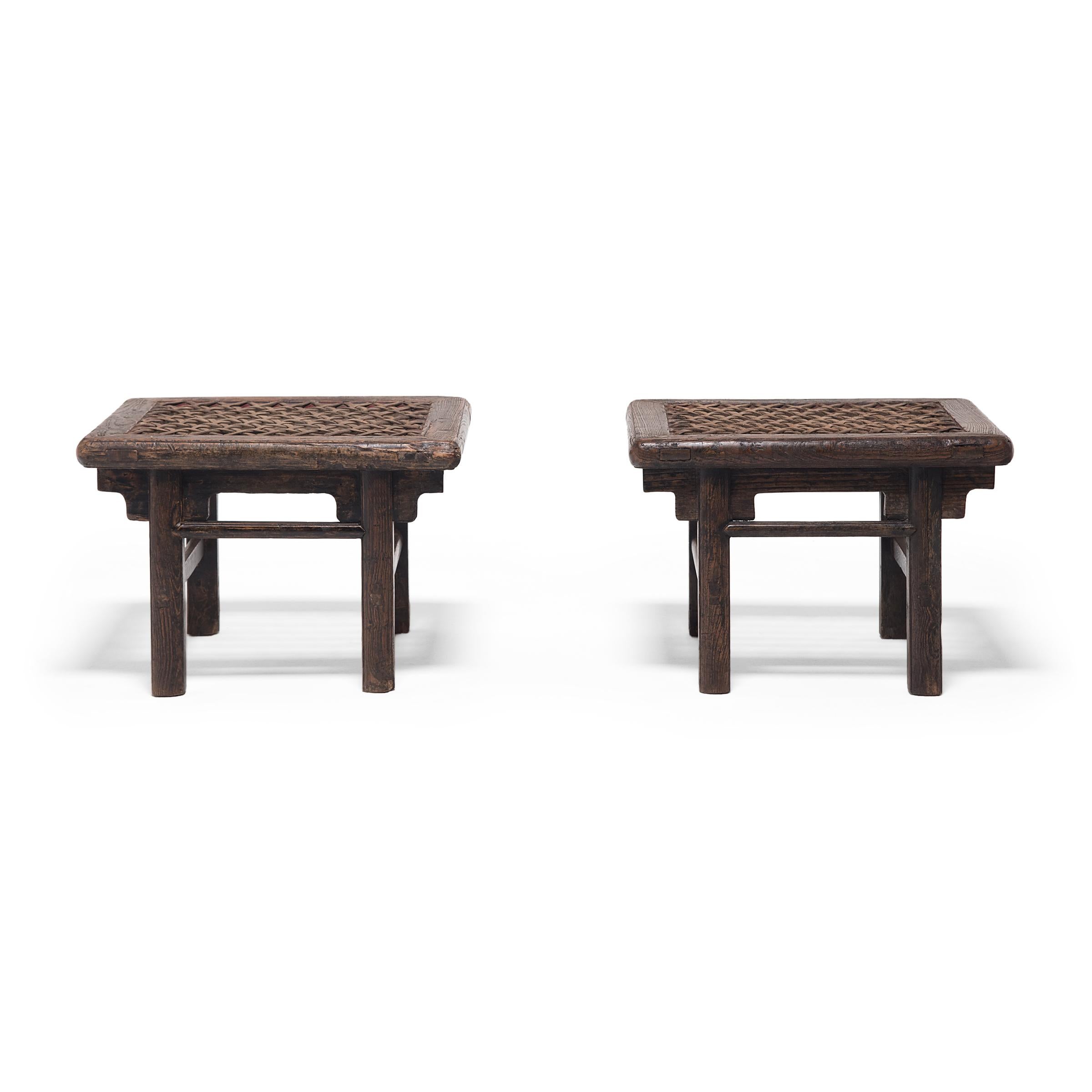 Qing Pair of Chinese Square Stools with Woven Hide Tops, c. 1850