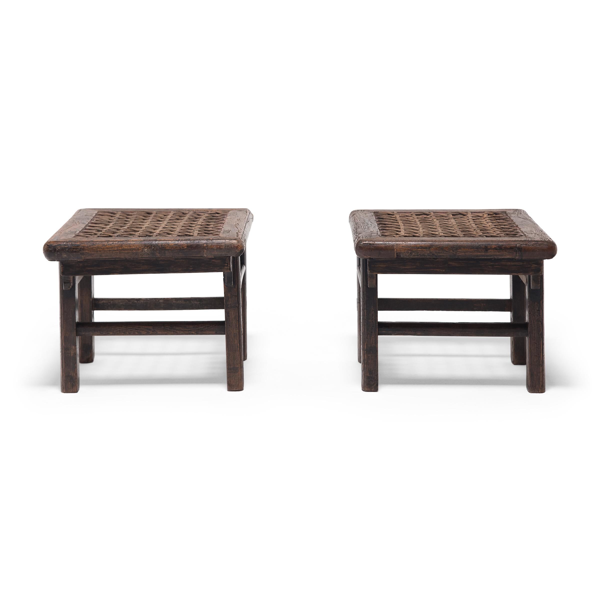 Pair of Chinese Square Stools with Woven Hide Tops, c. 1850 In Good Condition In Chicago, IL