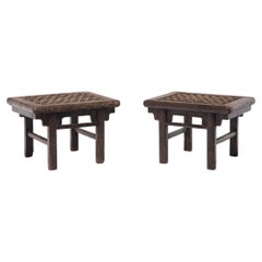 Pair of Chinese Square Stools with Woven Hide Tops, c. 1850