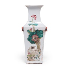 Pair of Chinese Squared Fantail Vases with Egrets Beneath Lotus