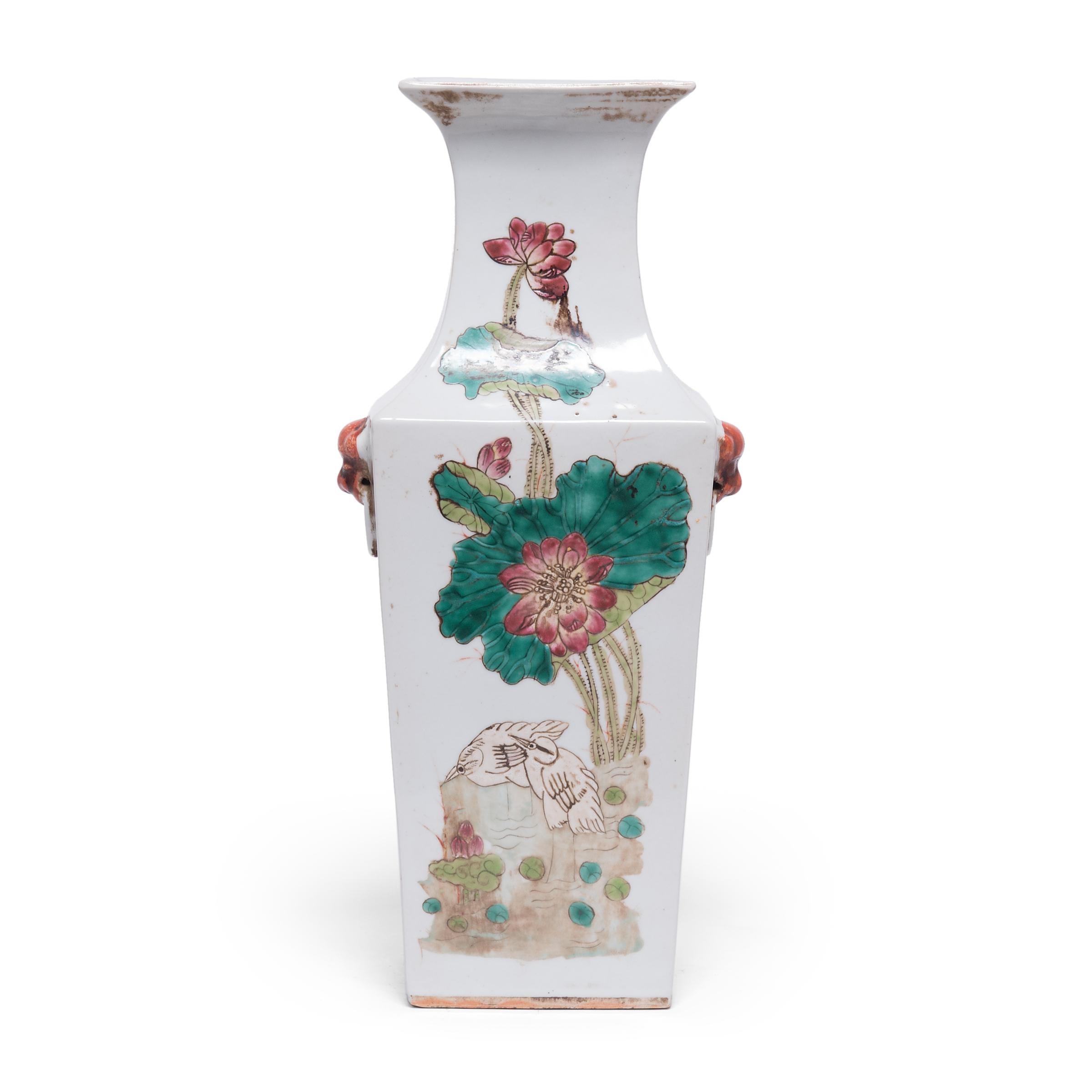 Enameled Pair of Chinese Squared Fantail Vases with Egrets Beneath Lotus For Sale