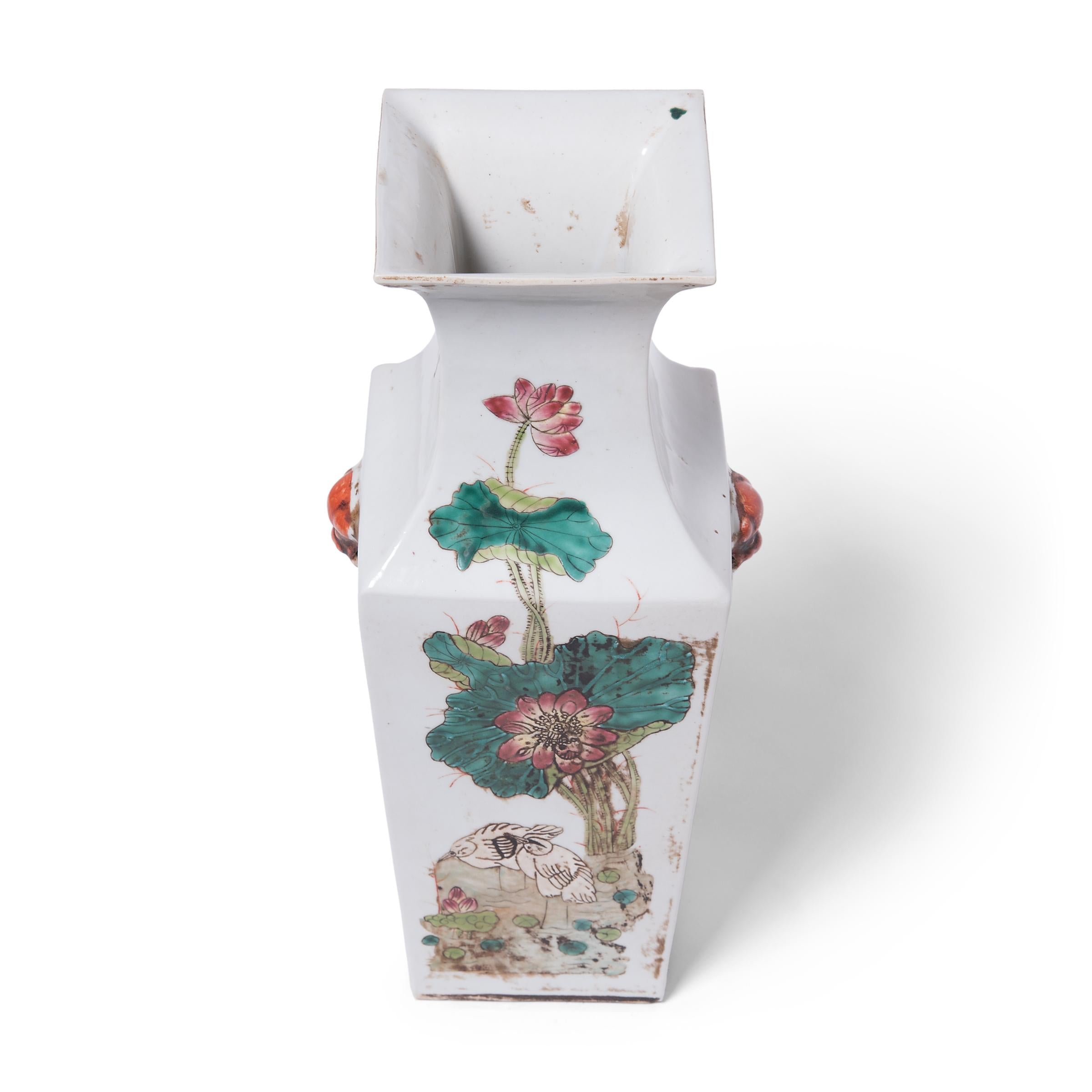 20th Century Pair of Chinese Squared Fantail Vases with Egrets Beneath Lotus For Sale