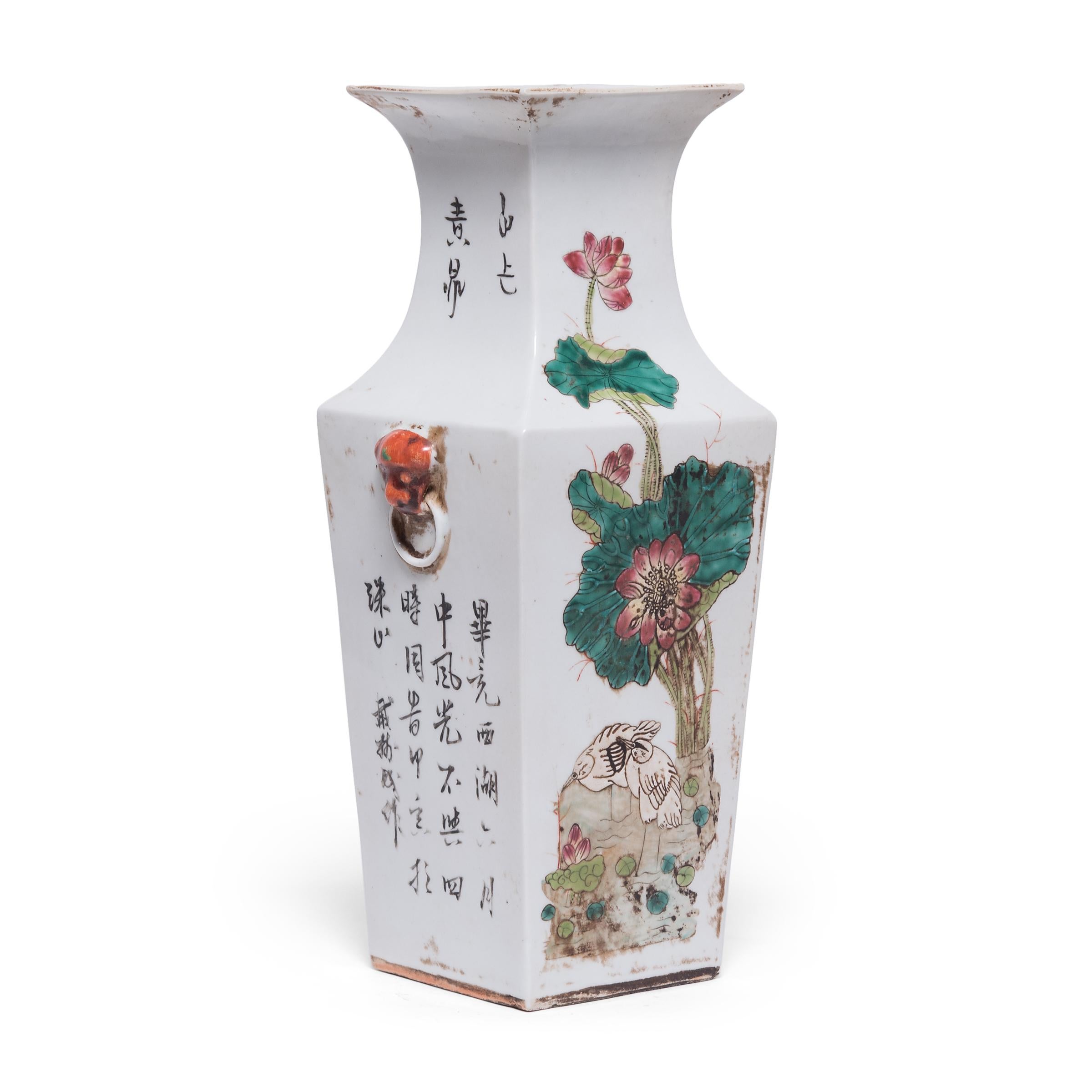 Porcelain Pair of Chinese Squared Fantail Vases with Egrets Beneath Lotus For Sale