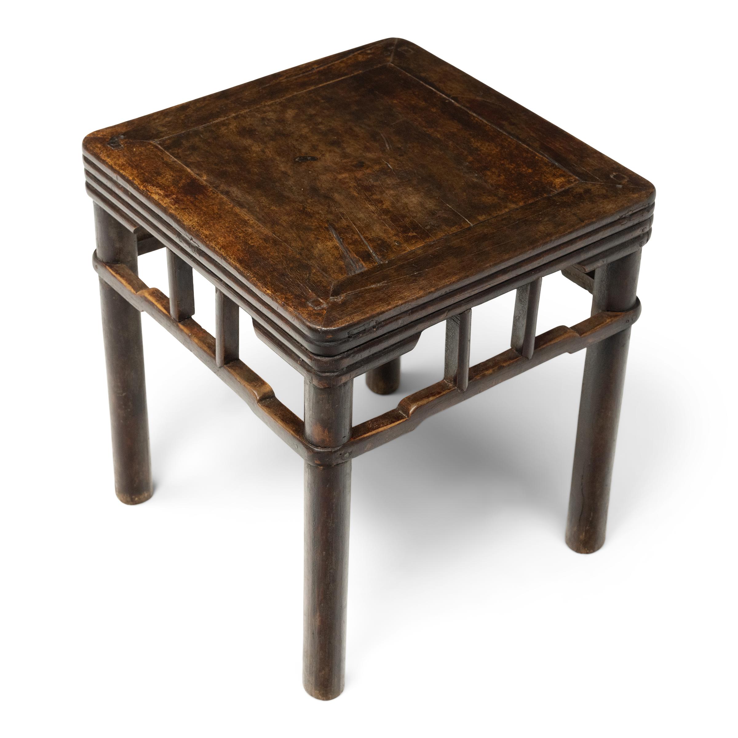 Lacquered Pair of Chinese Stacked Stretcher Walnut Stools, c. 1850 For Sale