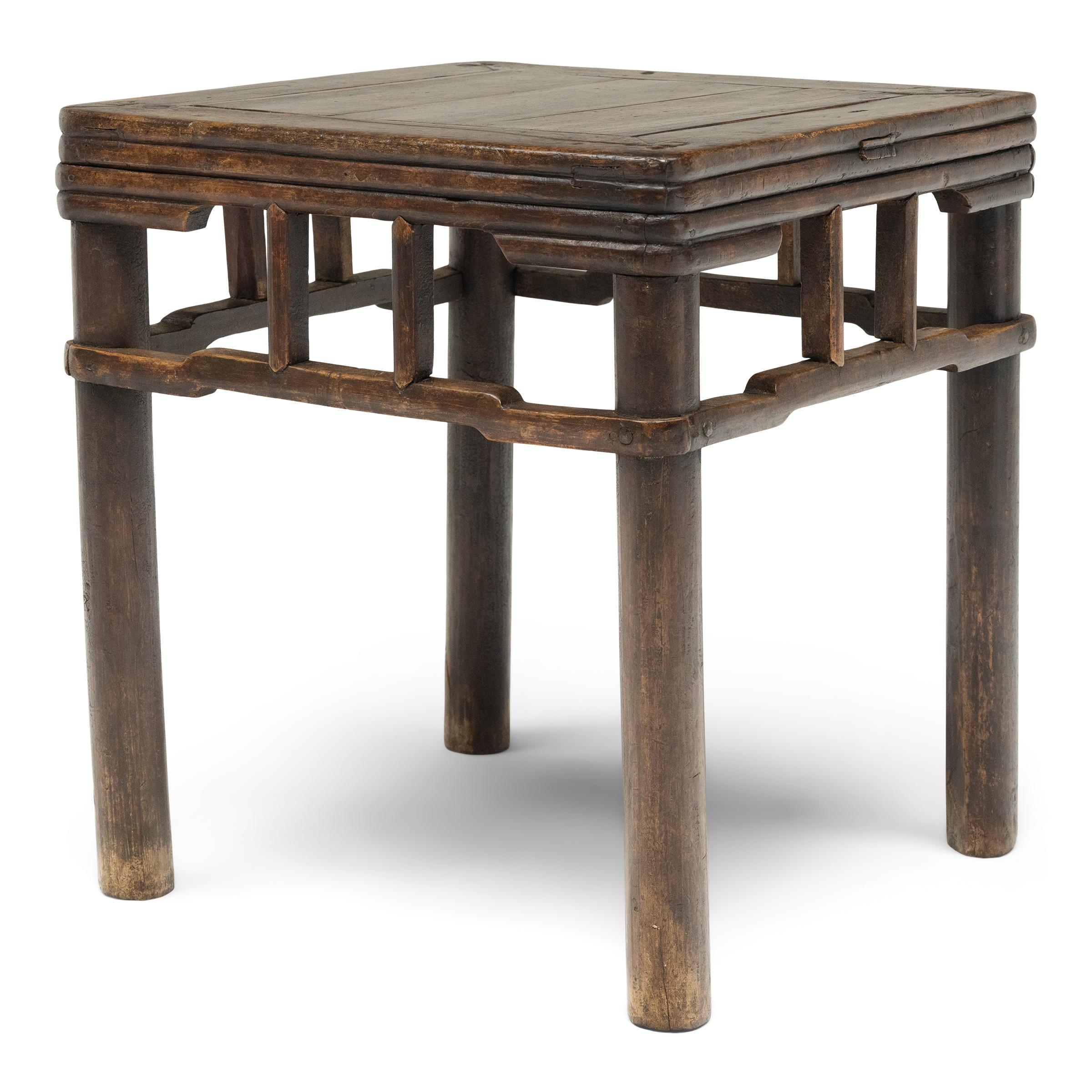 19th Century Pair of Chinese Stacked Stretcher Walnut Stools, c. 1850 For Sale