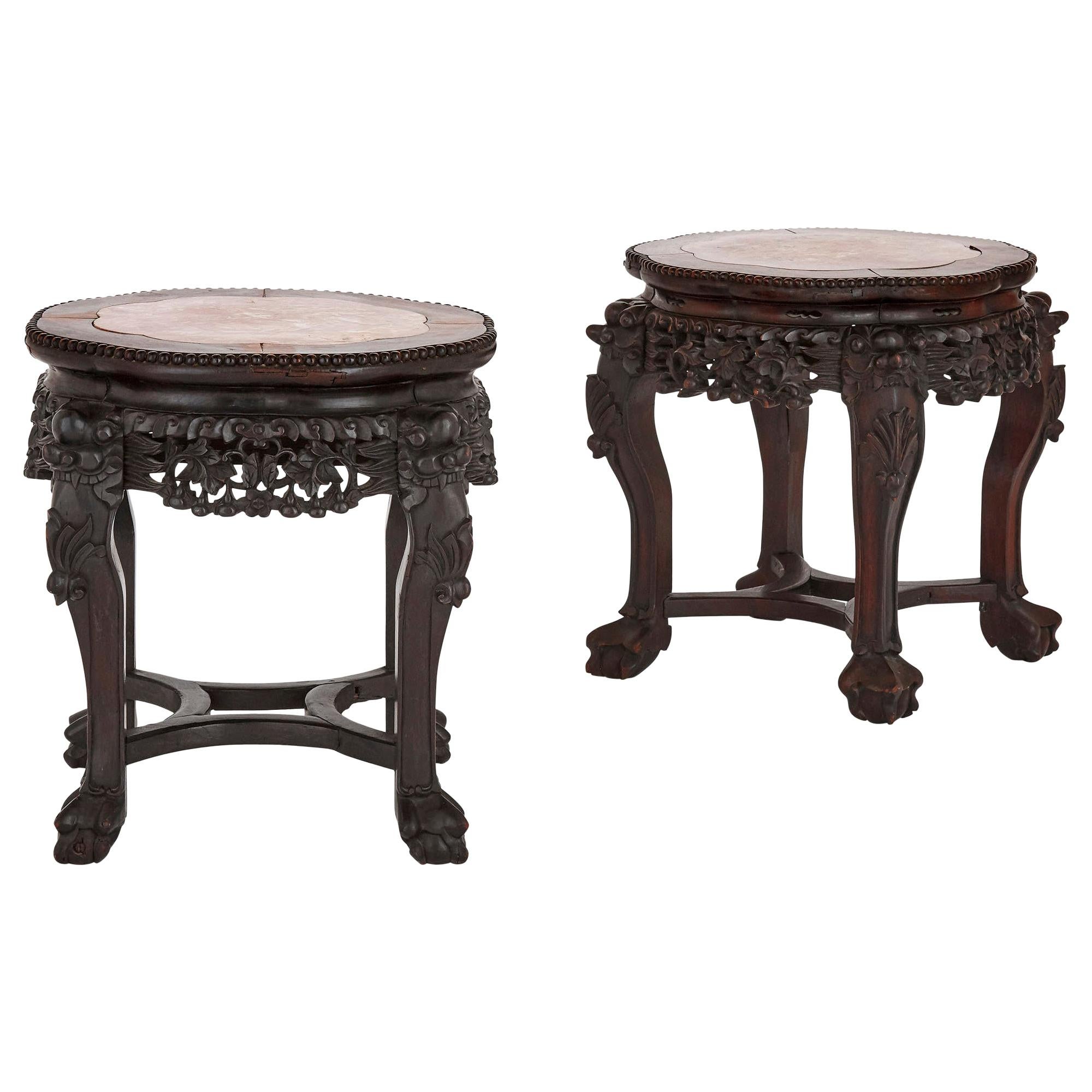 Pair of Chinese Stained Hardwood and Marble Pedestals