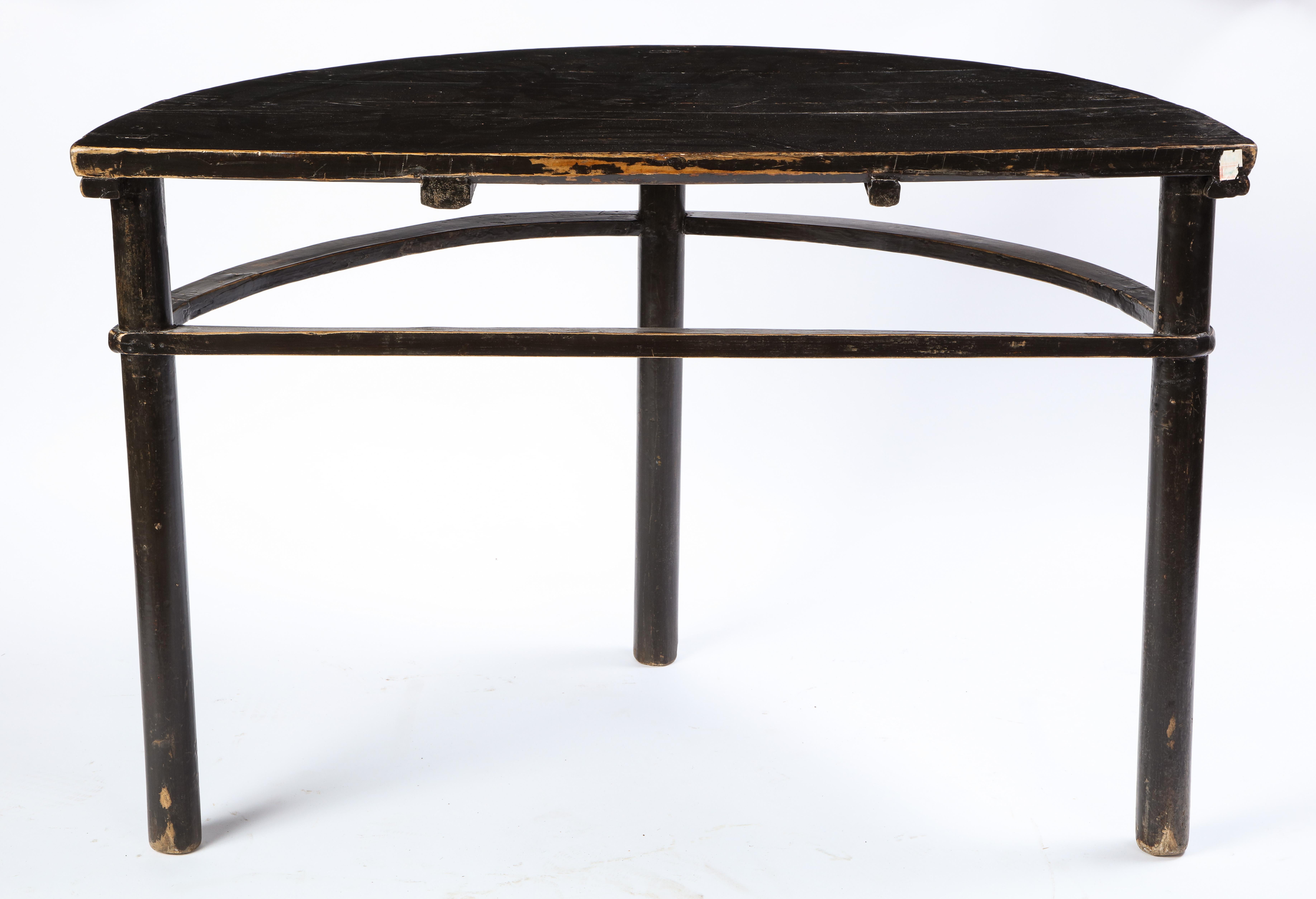 Chinoiserie Pair of Chinese Stained Soft Wood Demilune Side Tables, 20th Century