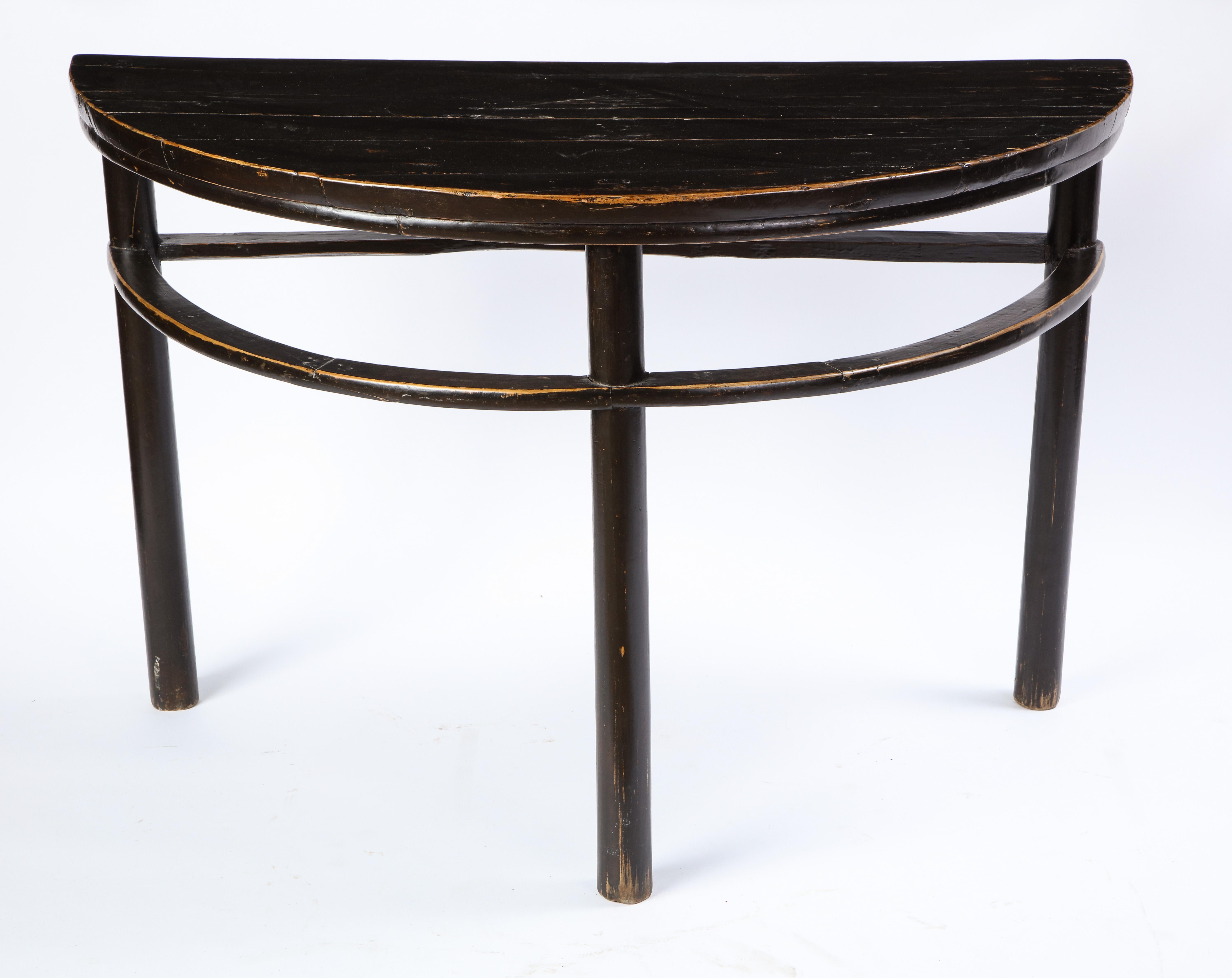 Pair of Chinese Stained Soft Wood Demilune Side Tables, 20th Century For Sale 1