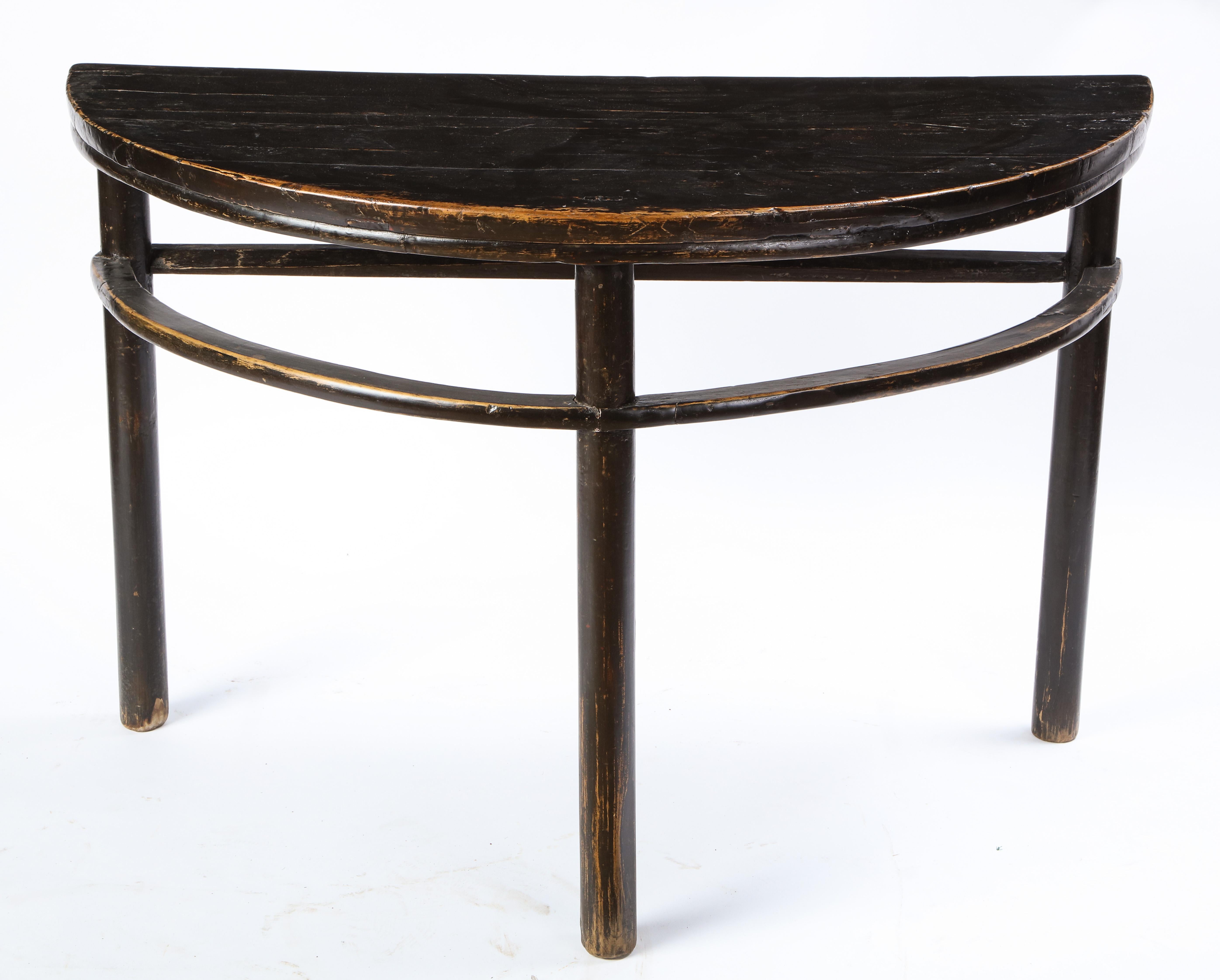 Softwood Pair of Chinese Stained Soft Wood Demilune Side Tables, 20th Century