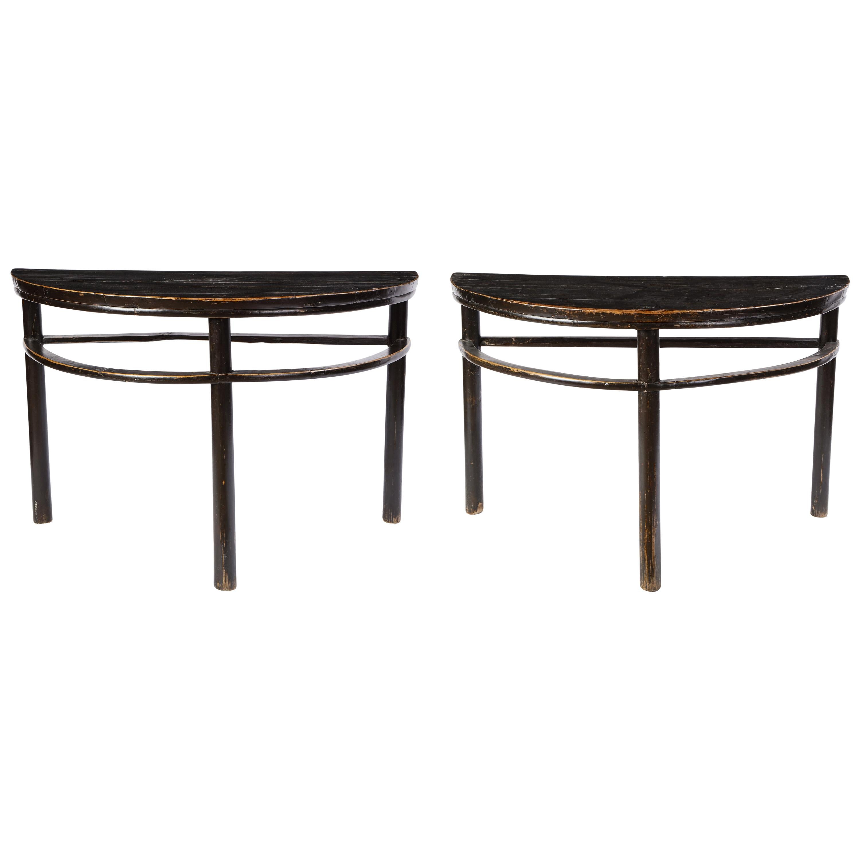 Pair of Chinese Stained Soft Wood Demilune Side Tables, 20th Century
