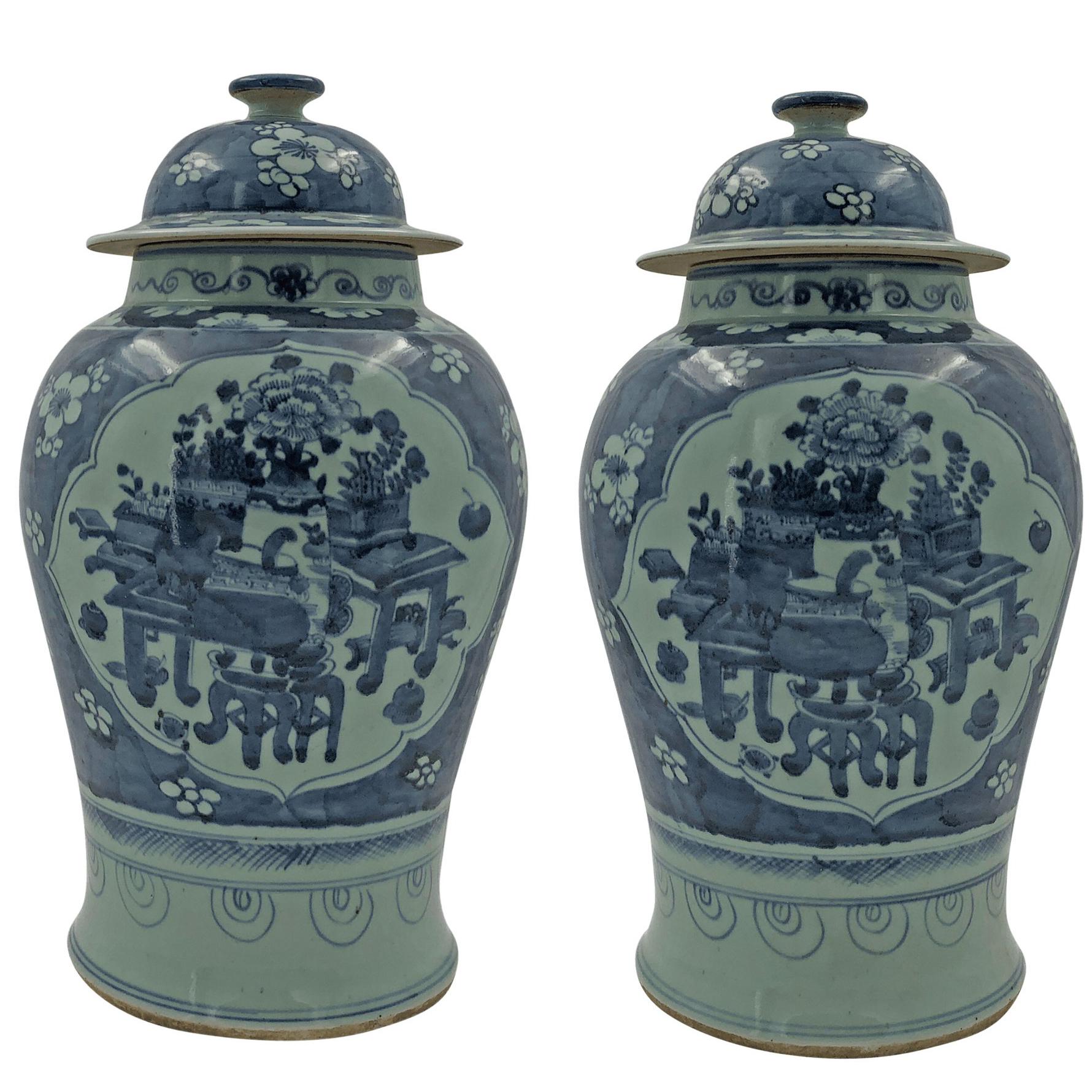 Pair of Chinese Still Life Temple Jar