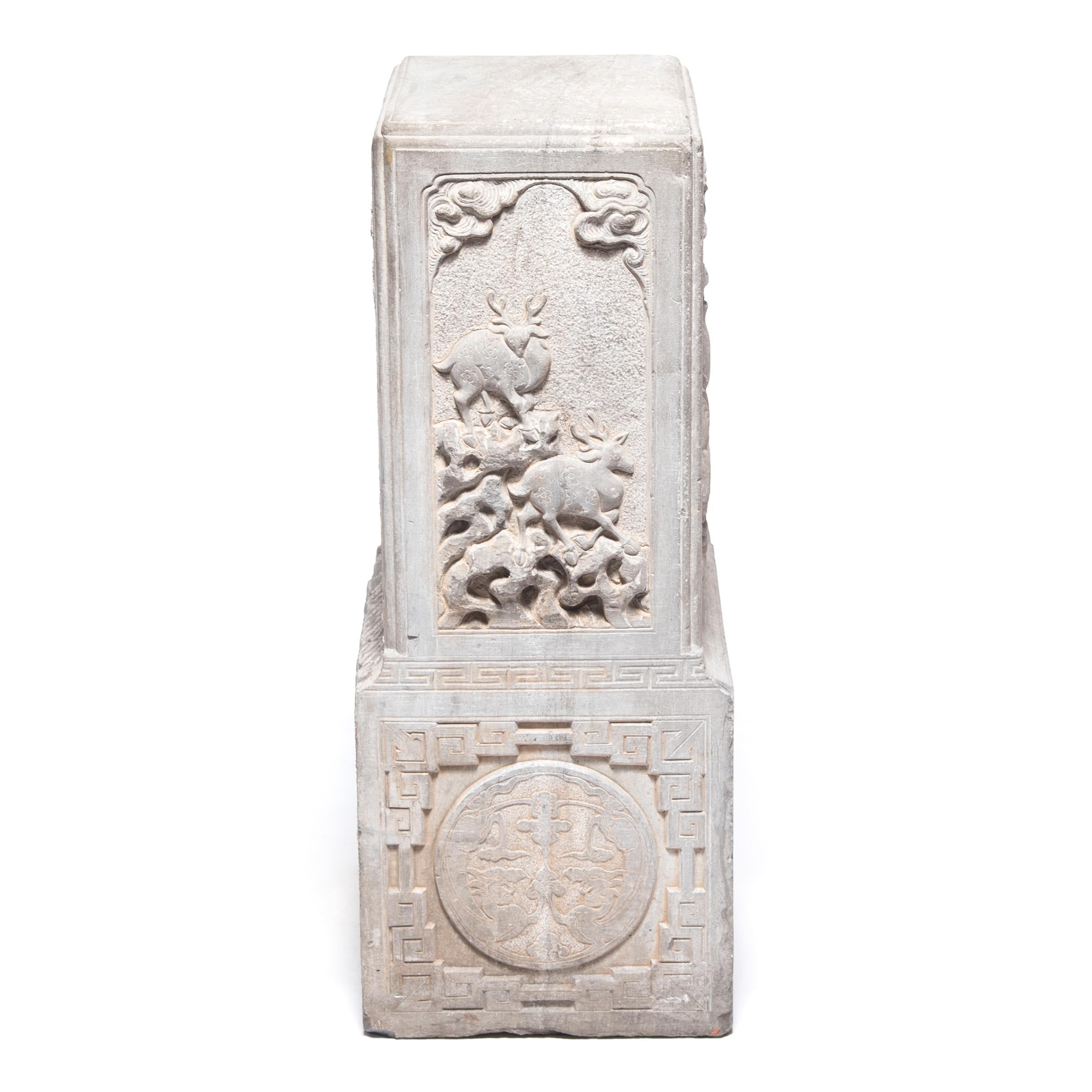 Qing Pair of Chinese Stone Door Posts with Mythical Elephants, c. 1850 For Sale