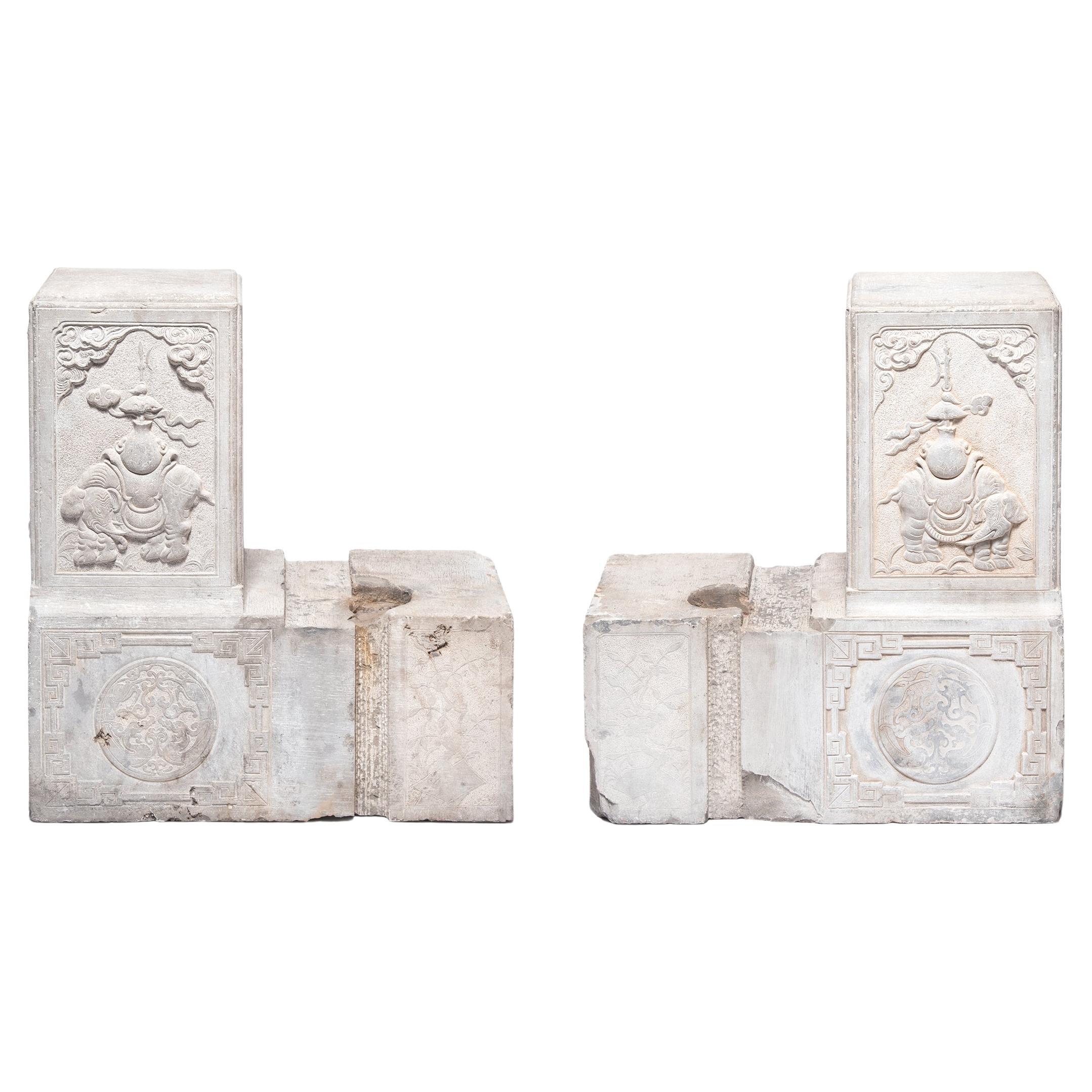 Pair of Chinese Stone Door Posts with Mythical Elephants, c. 1850