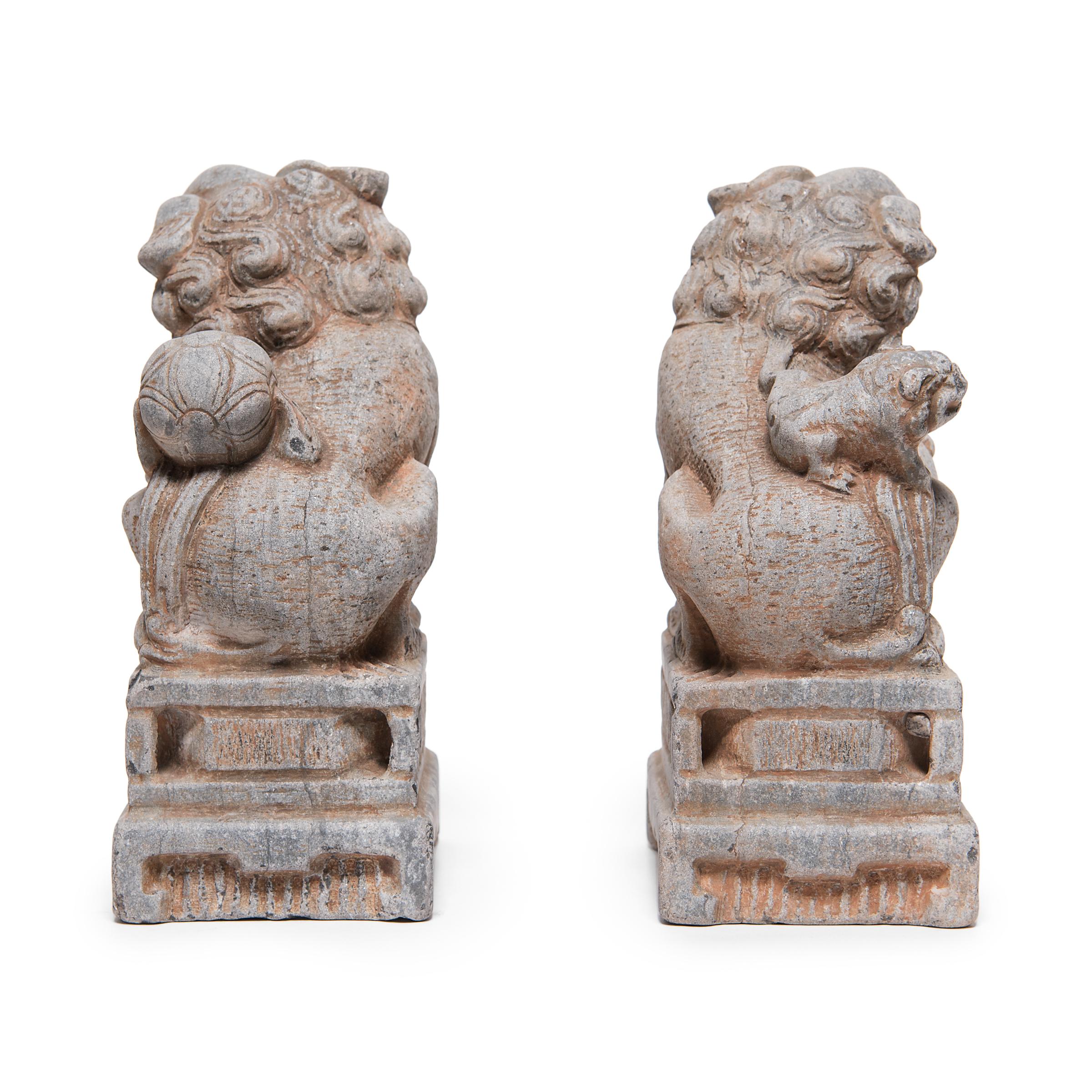 Hand-Carved Pair of Chinese Stone Fu Lion Charms