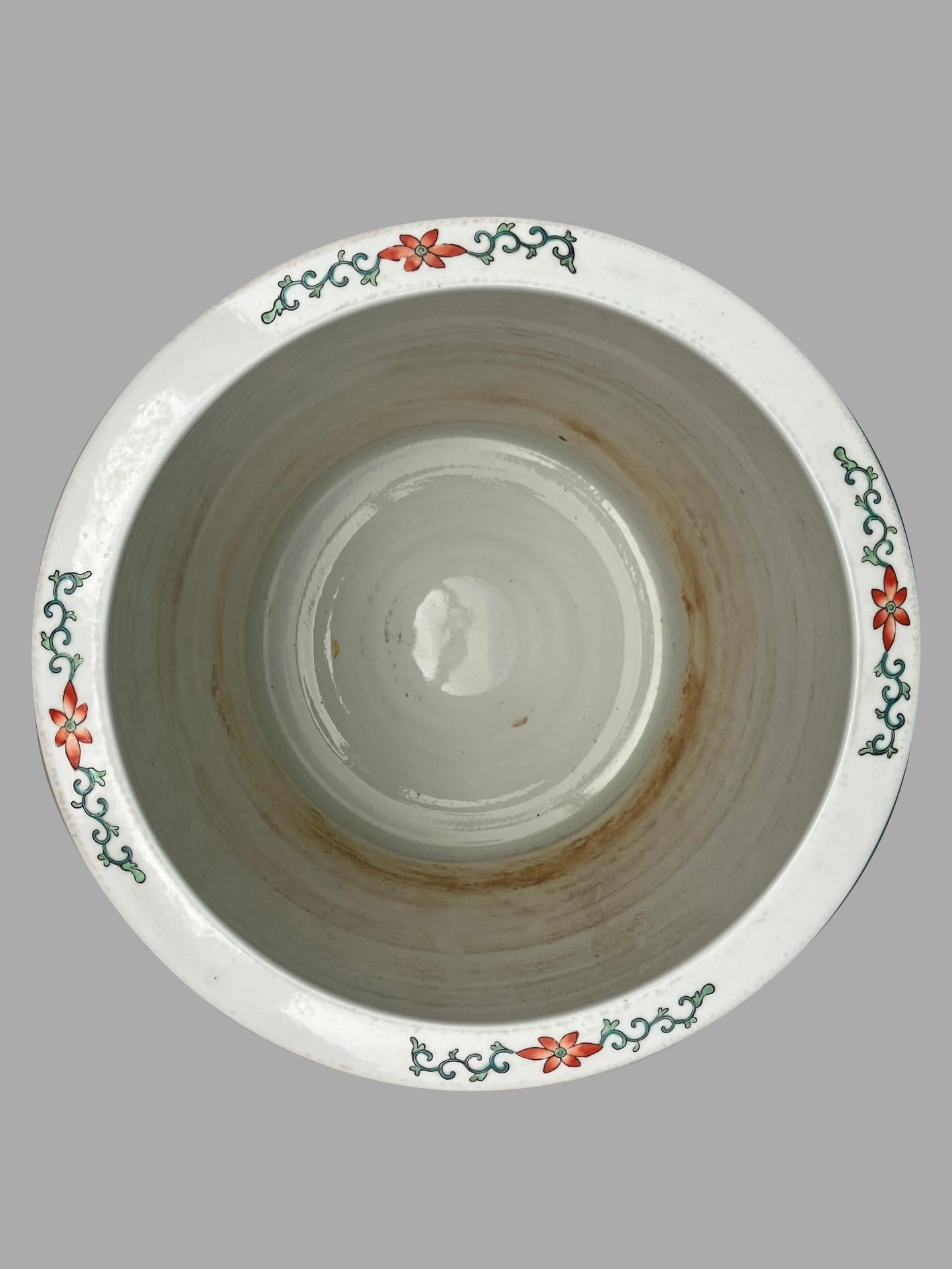 Pair of Chinese Stoneware Famille Verte Planters or Fishbowls on Hardwood Stands 9