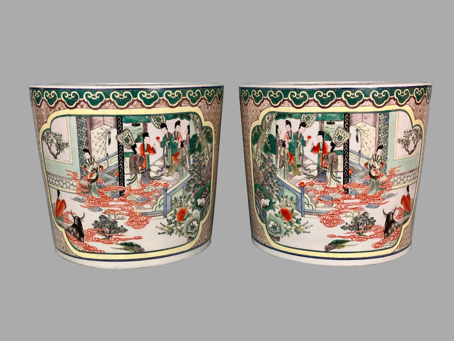 Pair of Chinese Stoneware Famille Verte Planters or Fishbowls on Hardwood Stands In Good Condition In San Francisco, CA