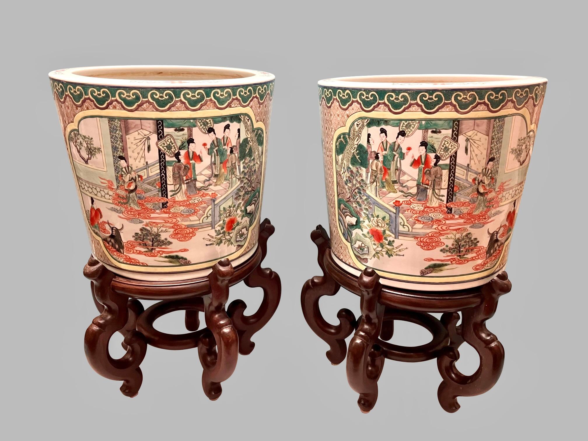 20th Century Pair of Chinese Stoneware Famille Verte Planters or Fishbowls on Hardwood Stands For Sale