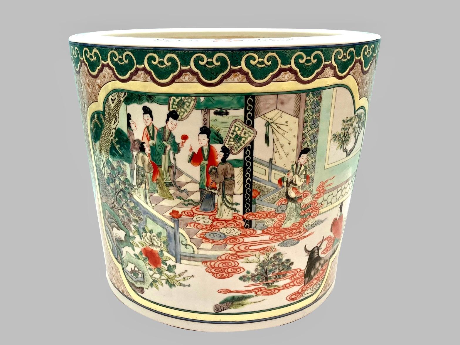 Earthenware Pair of Chinese Stoneware Famille Verte Planters or Fishbowls on Hardwood Stands