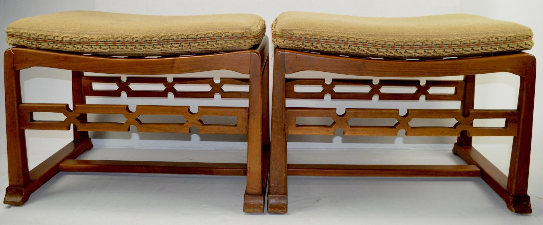 Upholstery Pair of Chinese Style Asia Modern Stool, Bench, Footrest, Ottomans