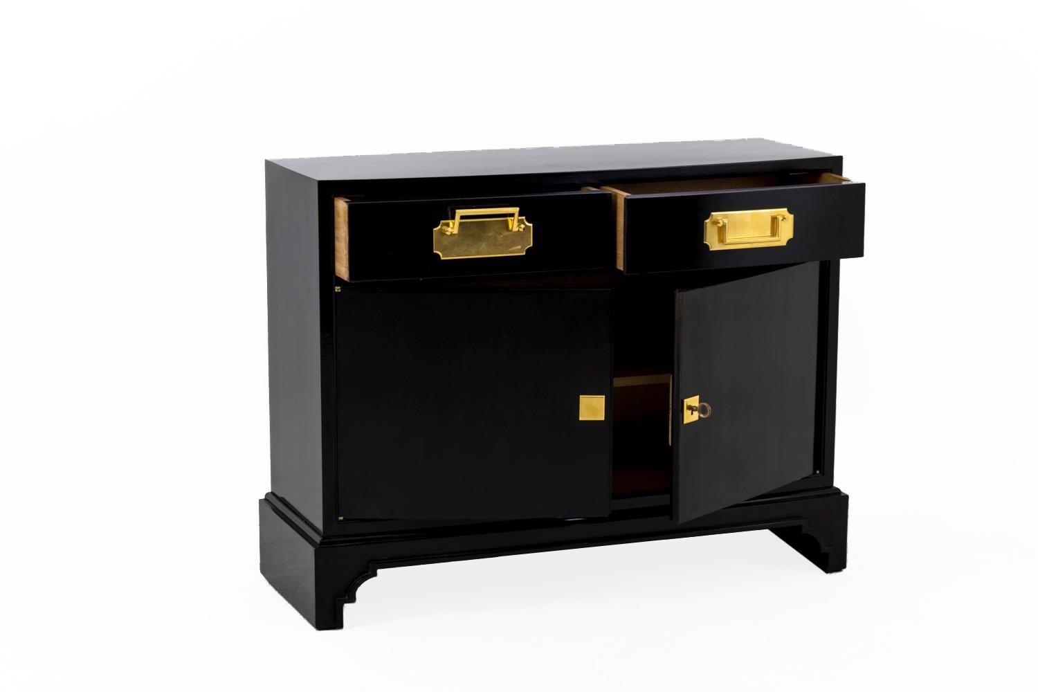 Hollywood Regency Pair of Chinese Style Black Lacquered Buffets, 1950s
