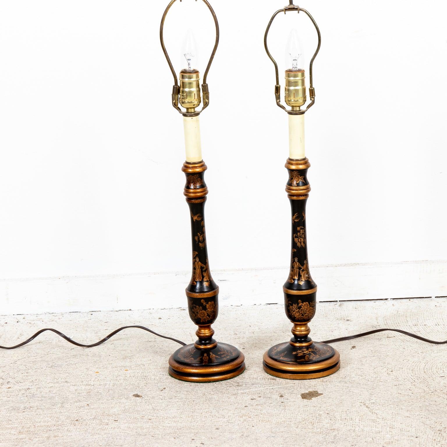 Chinoiserie Pair of Chinese Style Candlestick Lamps For Sale
