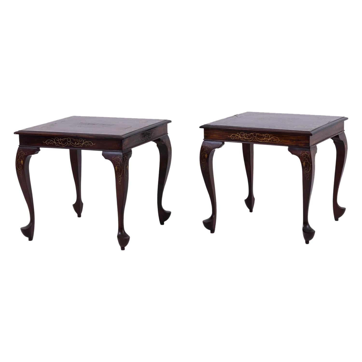 Pair of Chinese Style End Tables in Mahogany and Gilt Brass, Early 20th Century