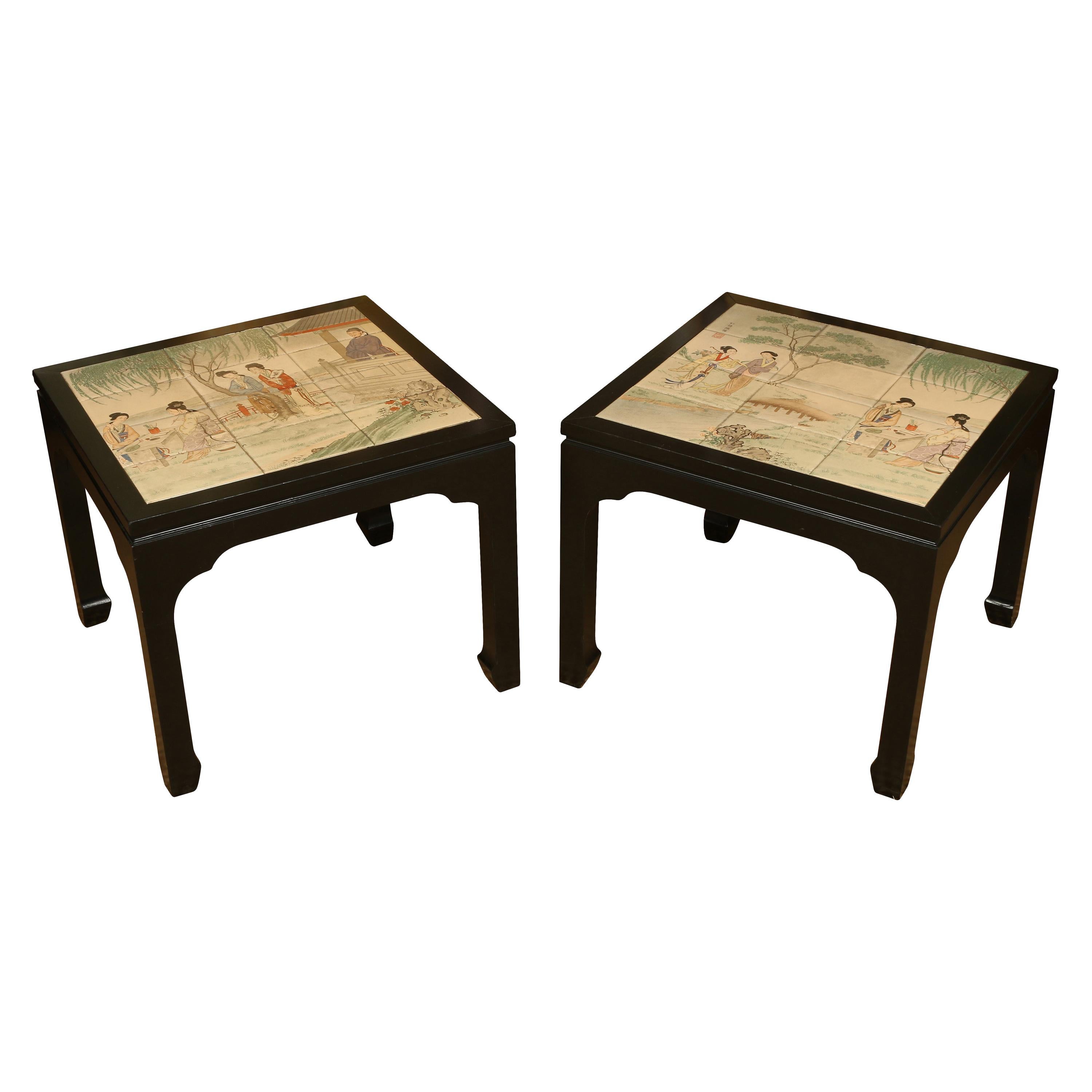 Pair of Chinese Style Inset Ceramic Tile Side Tables For Sale