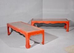 Pair of Chinese style painted coral color with motif under the glass