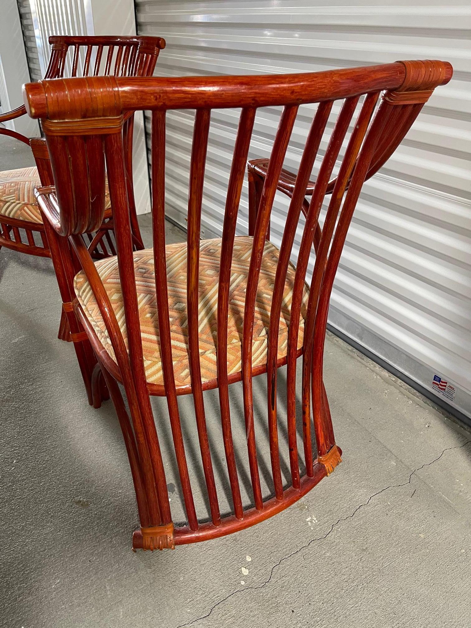 French Pair of Chinese Style Red Lacquer Rattan Chairs Attributed to Roche Bobois