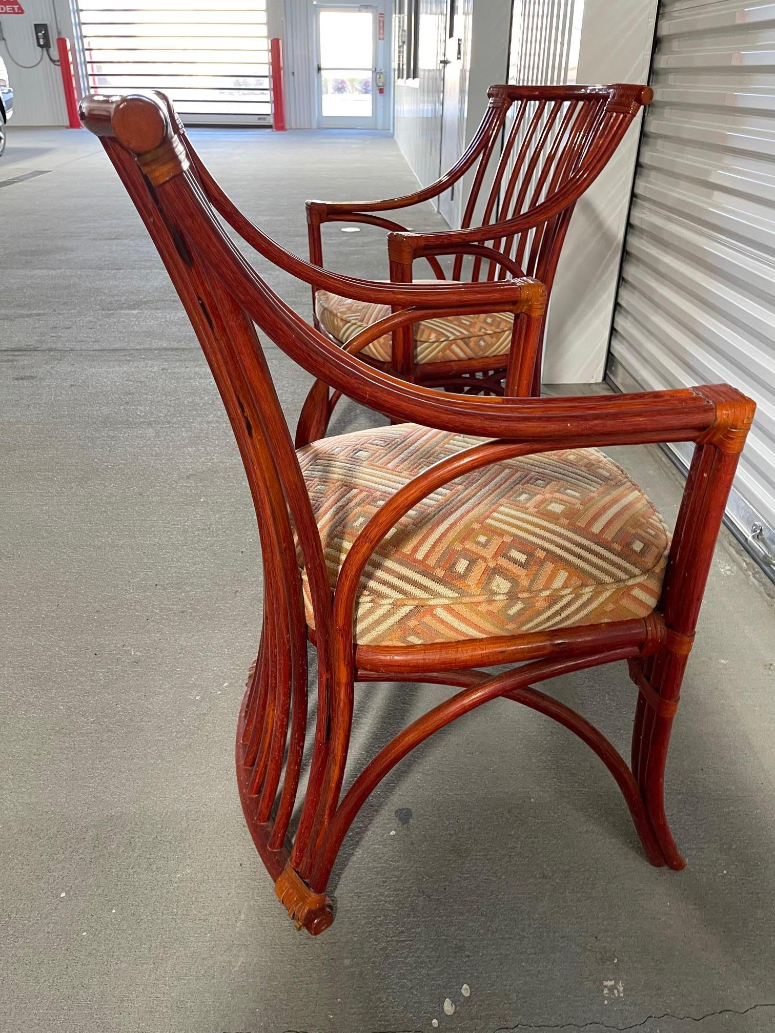 Pair of Chinese Style Red Lacquer Rattan Chairs Attributed to Roche Bobois In Good Condition In Savannah, GA