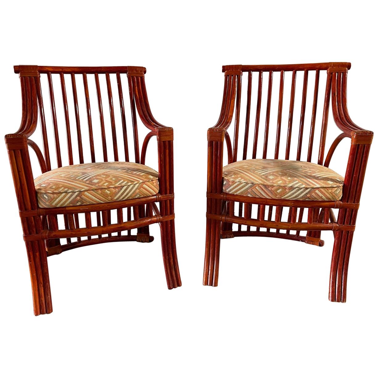 Pair of Chinese Style Red Lacquer Rattan Chairs Attributed to Roche Bobois