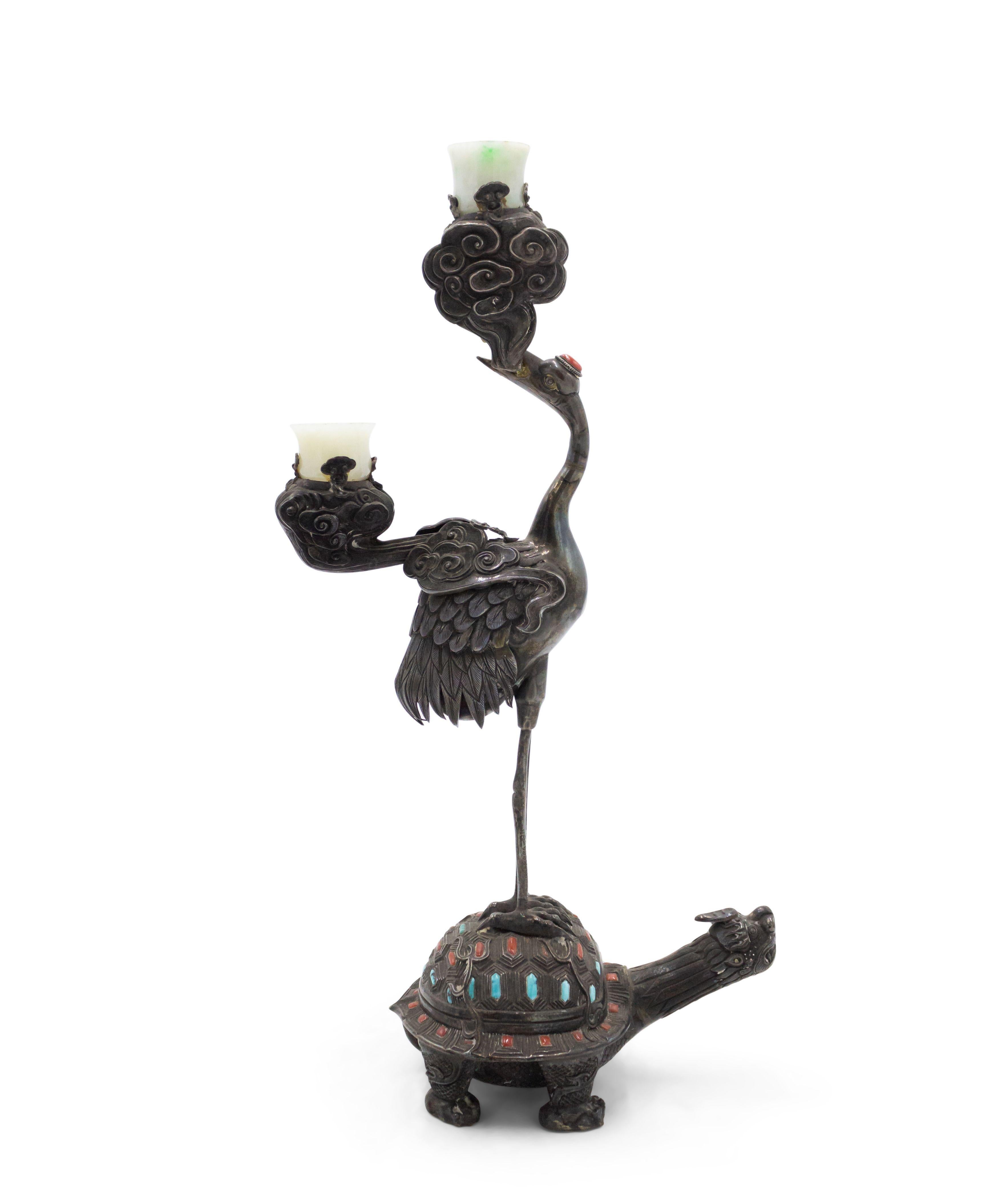 Pair of Chinese Style Silver Heron and Turtle Candelabras For Sale 5