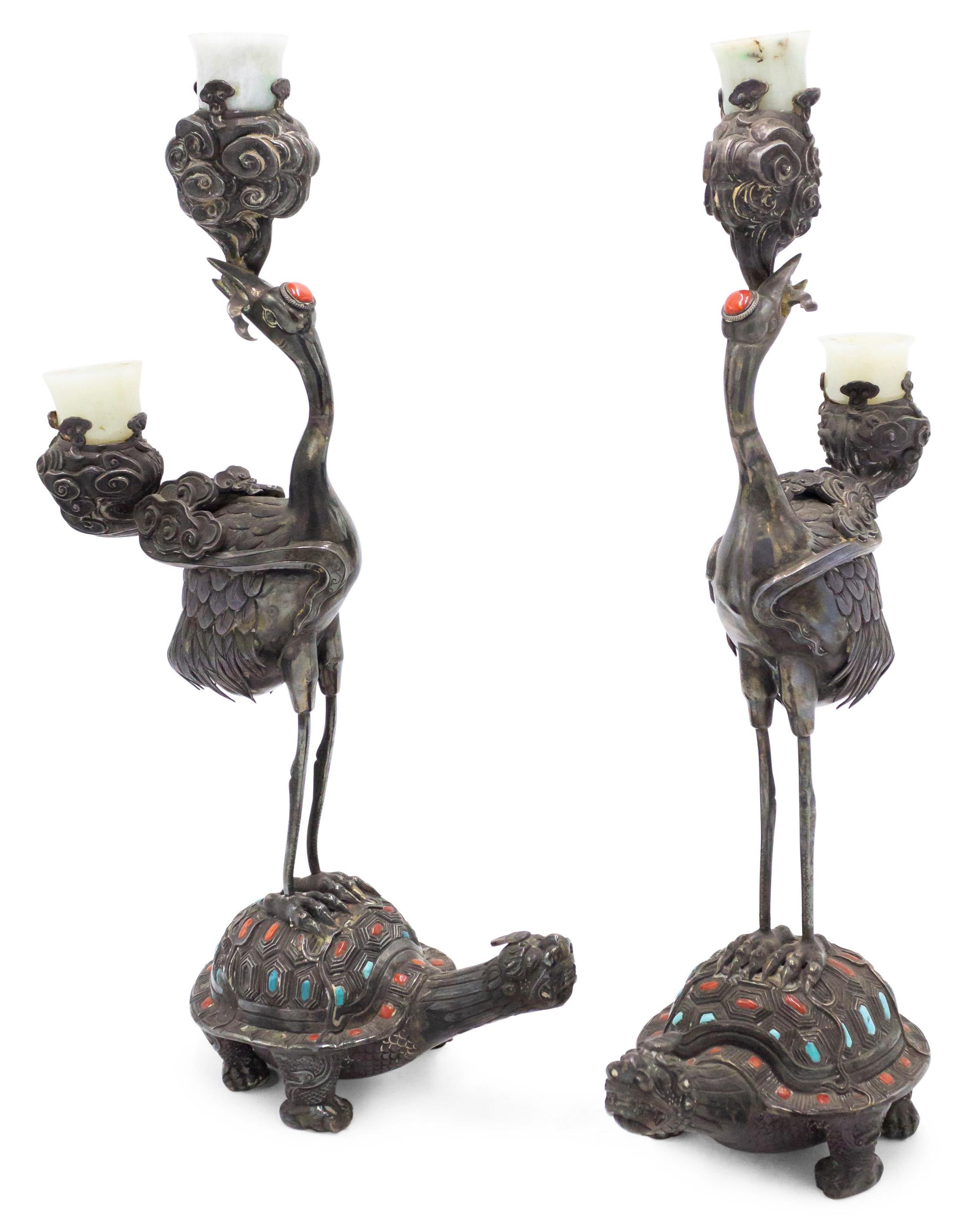 Pair of Chinese Style Silver Heron and Turtle Candelabras For Sale 6