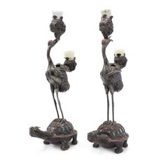 Pair of Chinese Style Silver Heron and Turtle Candelabras