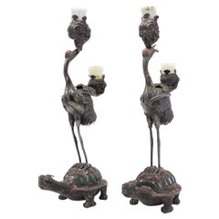 Antique Pair of Chinese Style Silver Heron and Turtle Candelabras