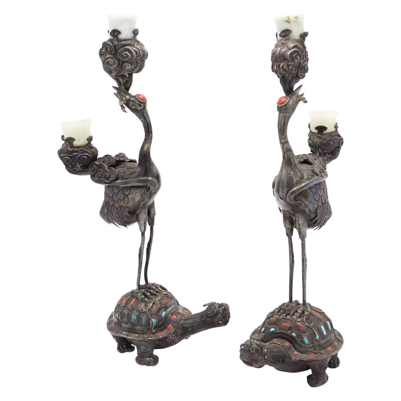 Pair of Chinese Style Silver Heron and Turtle Candelabras For Sale