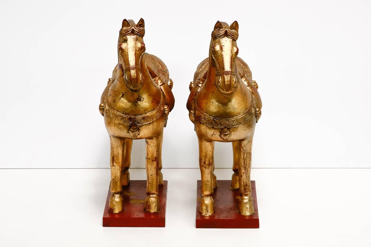 Lavish pair of carved gold leaf gilt horse statues or sculptures made in the Chinese Tang dynasty style. Features intricately carved bodies lacquered then covered in gold leaf. Each horse is a mirror image mounted to a wood stand with a rich gold
