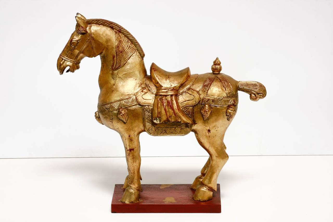 Lacquer Pair of Chinese Tang Dynasty Style Gilt Horse Sculptures