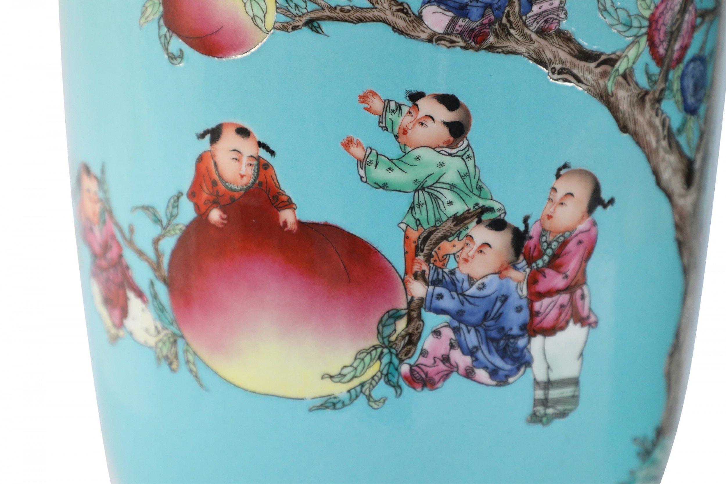 Chinese Export Pair of Chinese Teal Nine-Peach Porcelain Vases For Sale