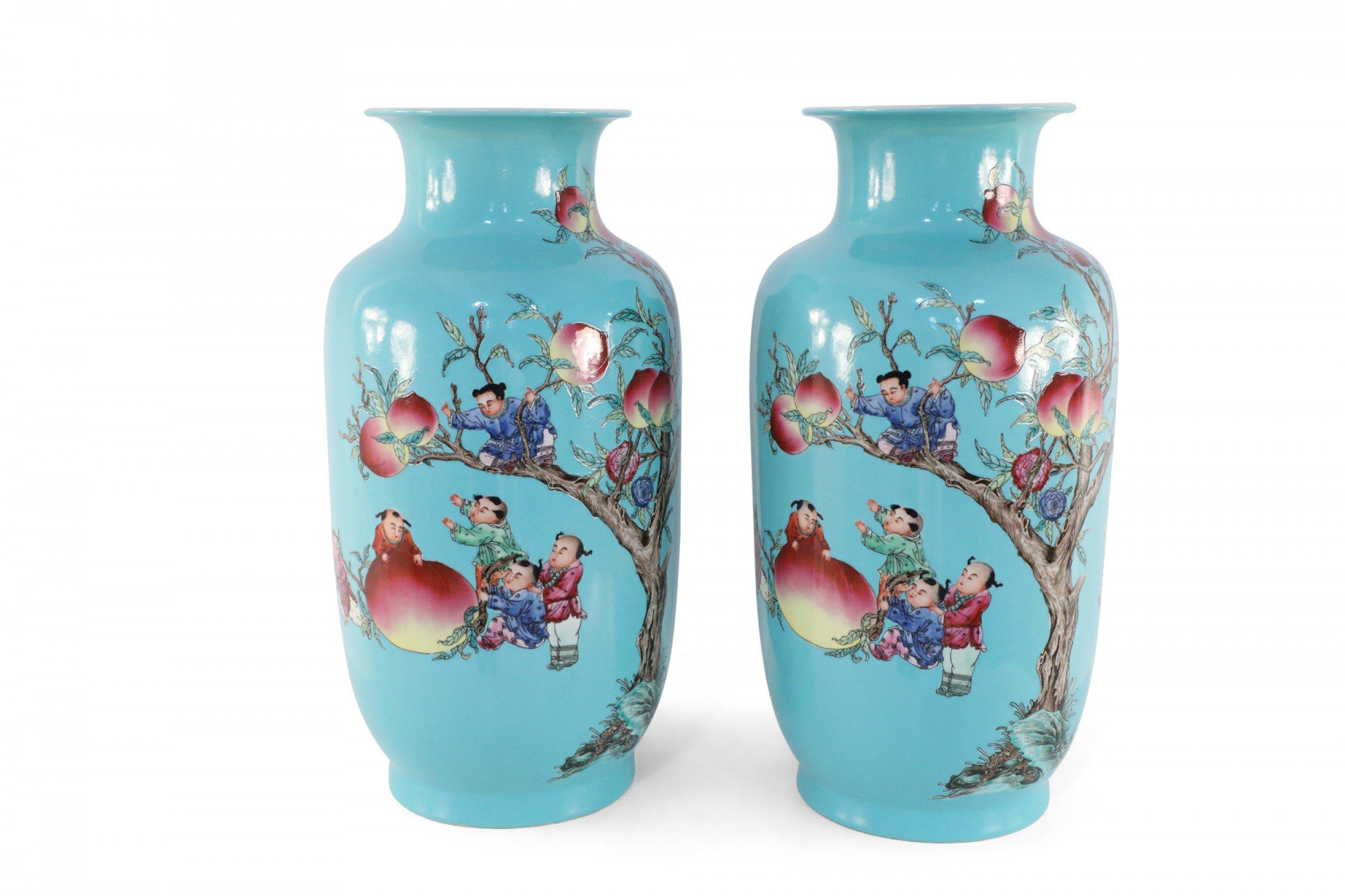 Hand-Crafted Pair of Chinese Teal Nine-Peach Porcelain Vases For Sale