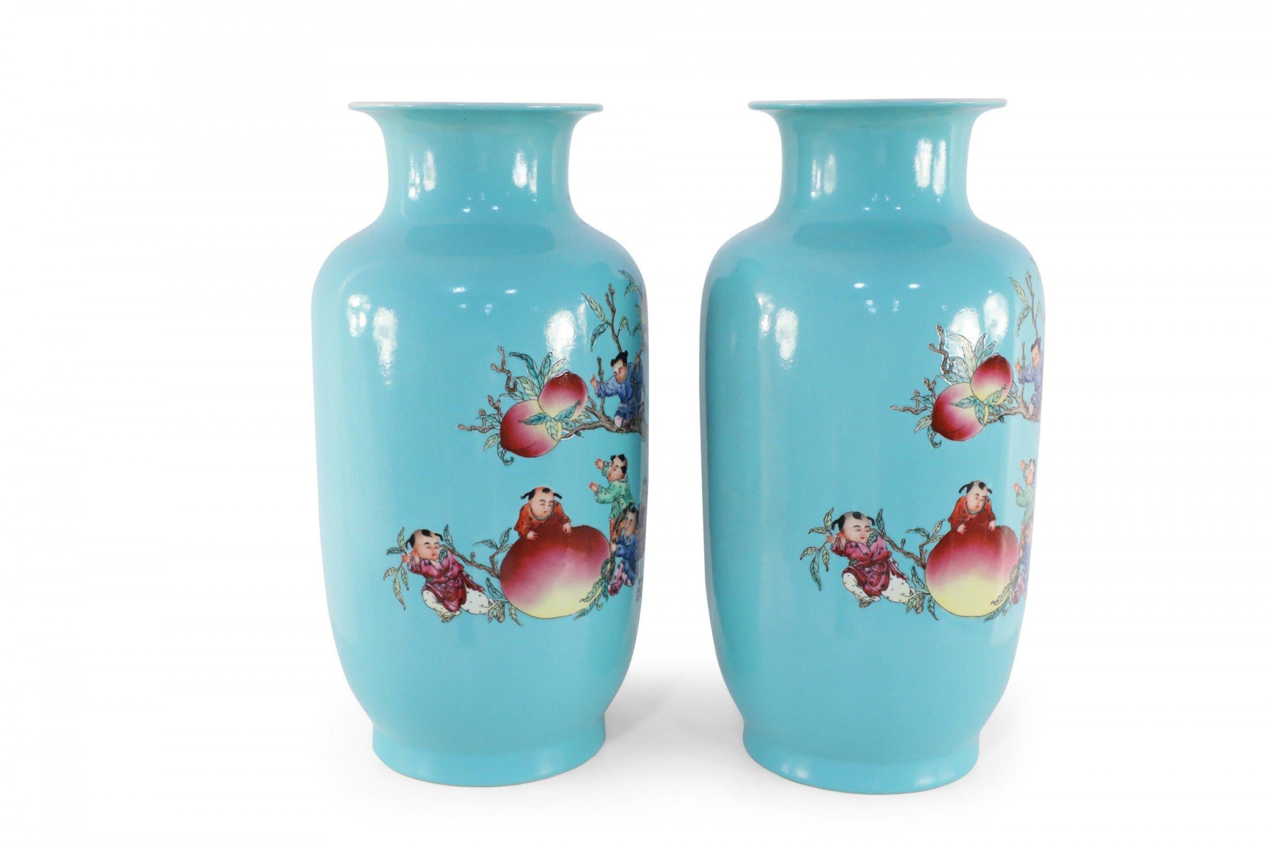 20th Century Pair of Chinese Teal Nine-Peach Porcelain Vases For Sale