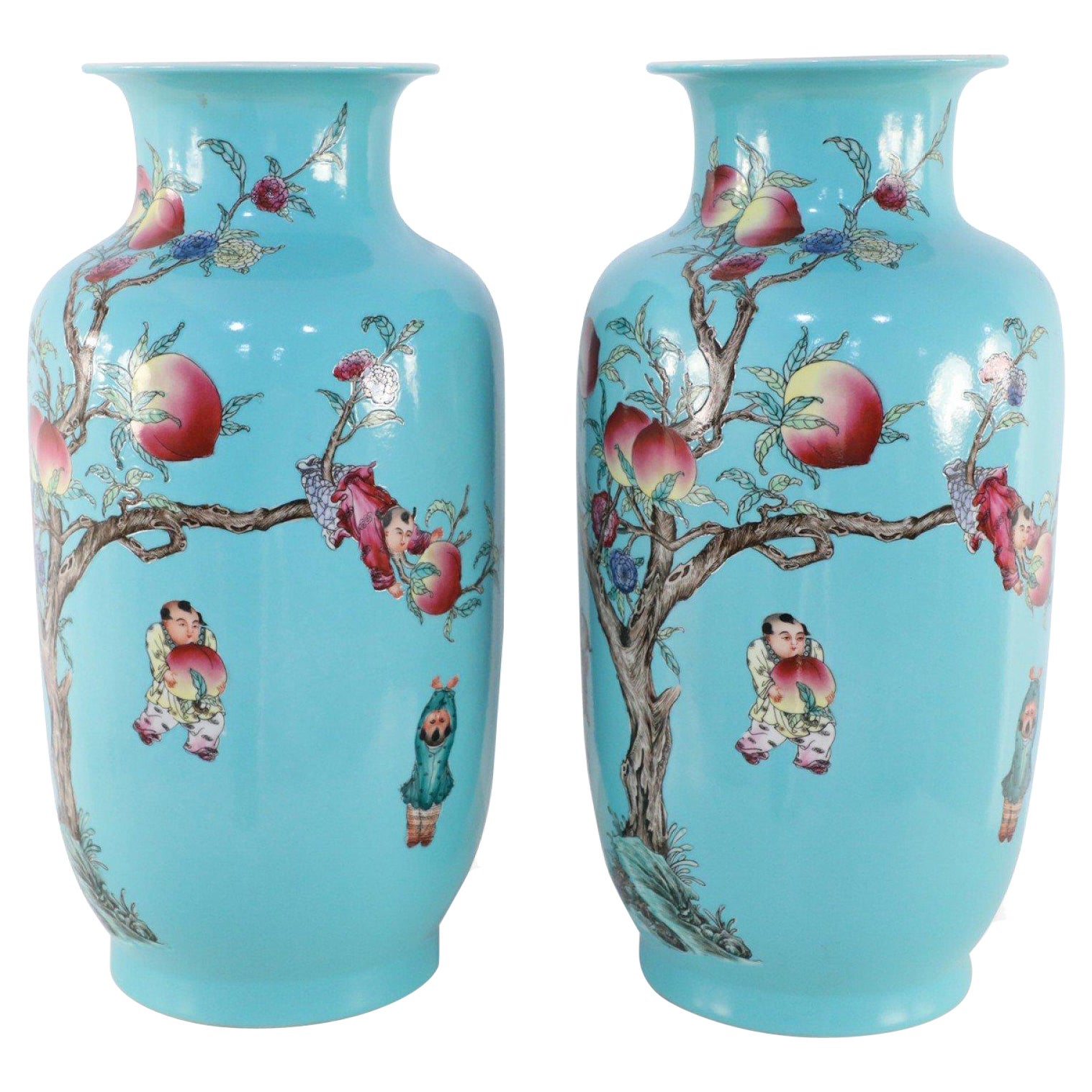 Pair of Chinese Teal Nine-Peach Porcelain Vases