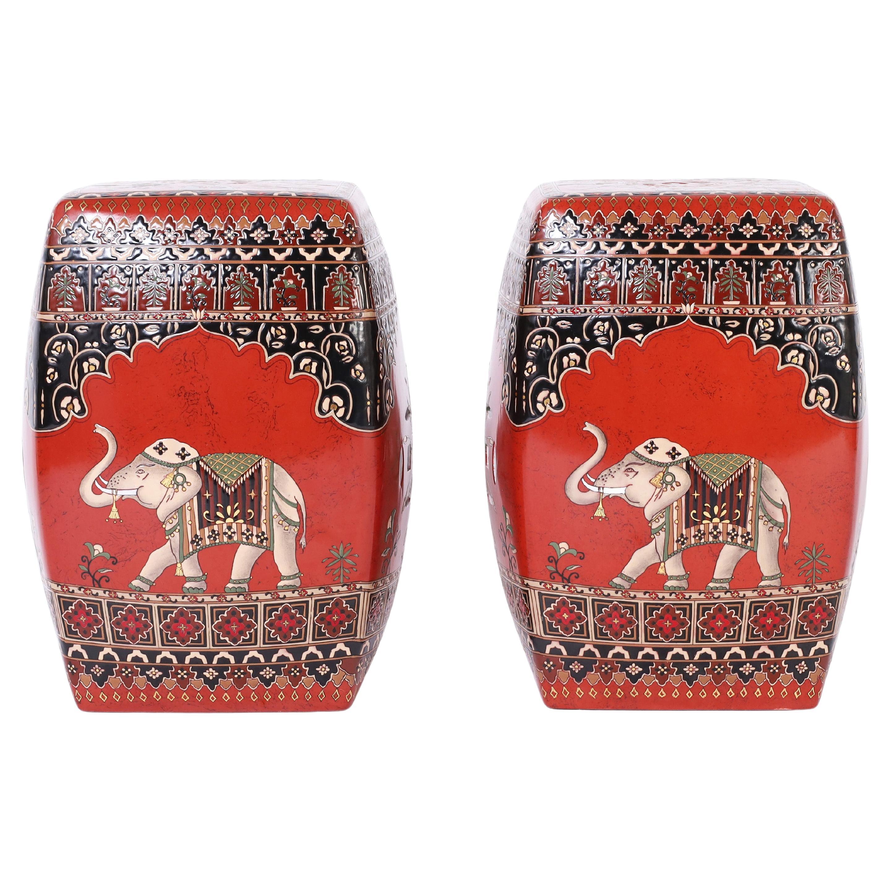 Pair of Chinese Terra Cotta Garden Seats with Elephants and Flowers For Sale