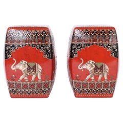 Retro Pair of Chinese Terra Cotta Garden Seats with Elephants and Flowers