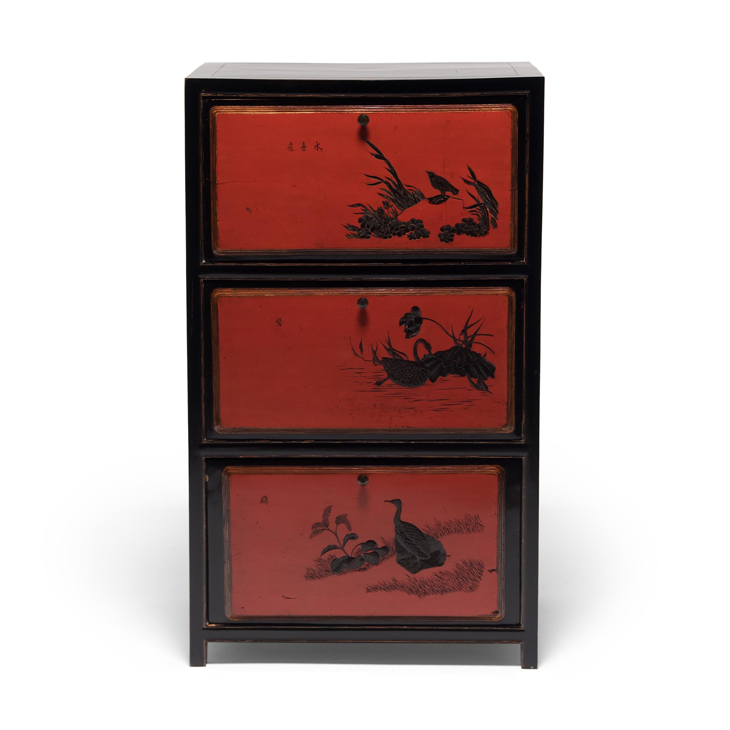 Pair of Chinese Red Lacquer Cabinets with Poetic Pairings, circa 1900 For Sale 3