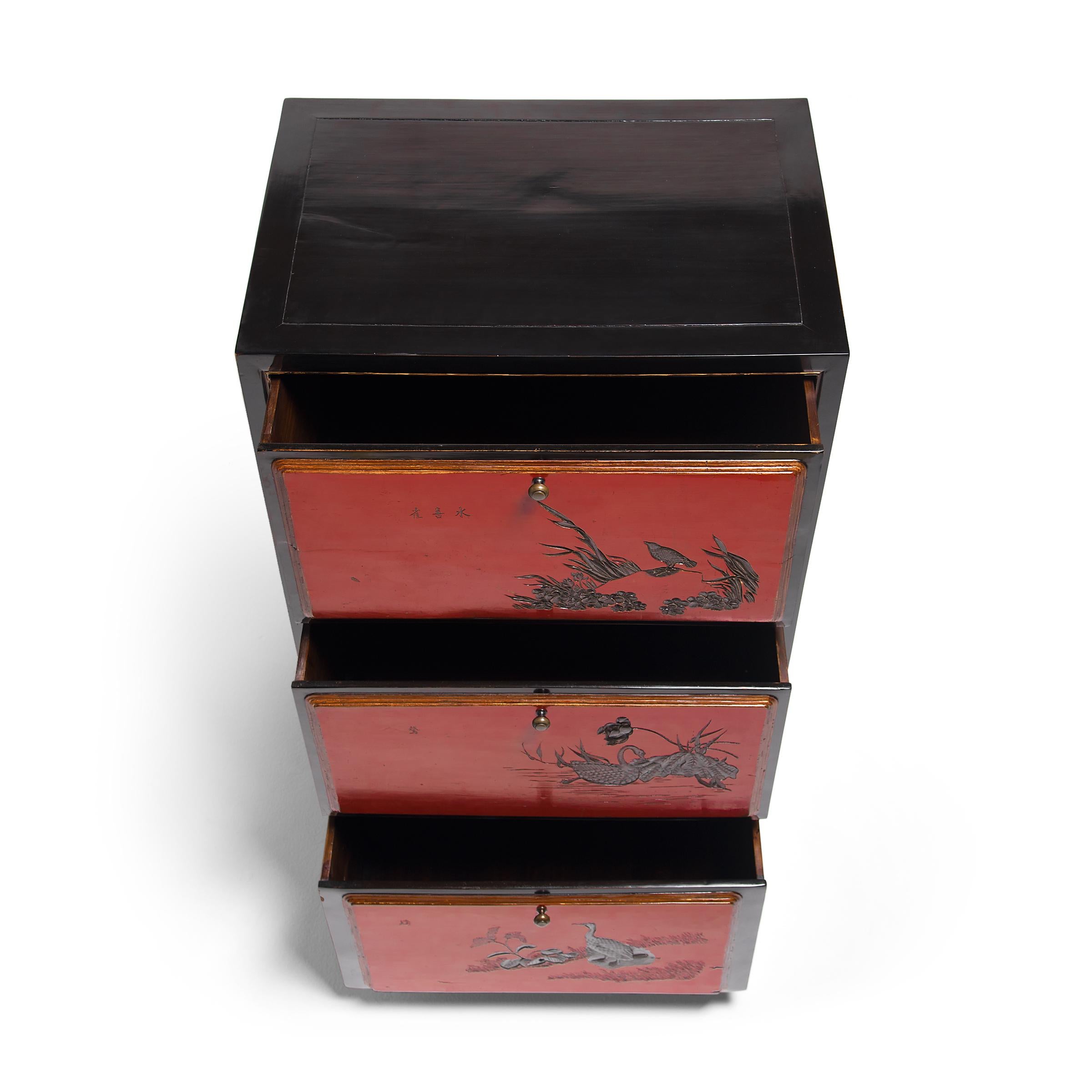 Pair of Chinese Red Lacquer Cabinets with Poetic Pairings, circa 1900 For Sale 8