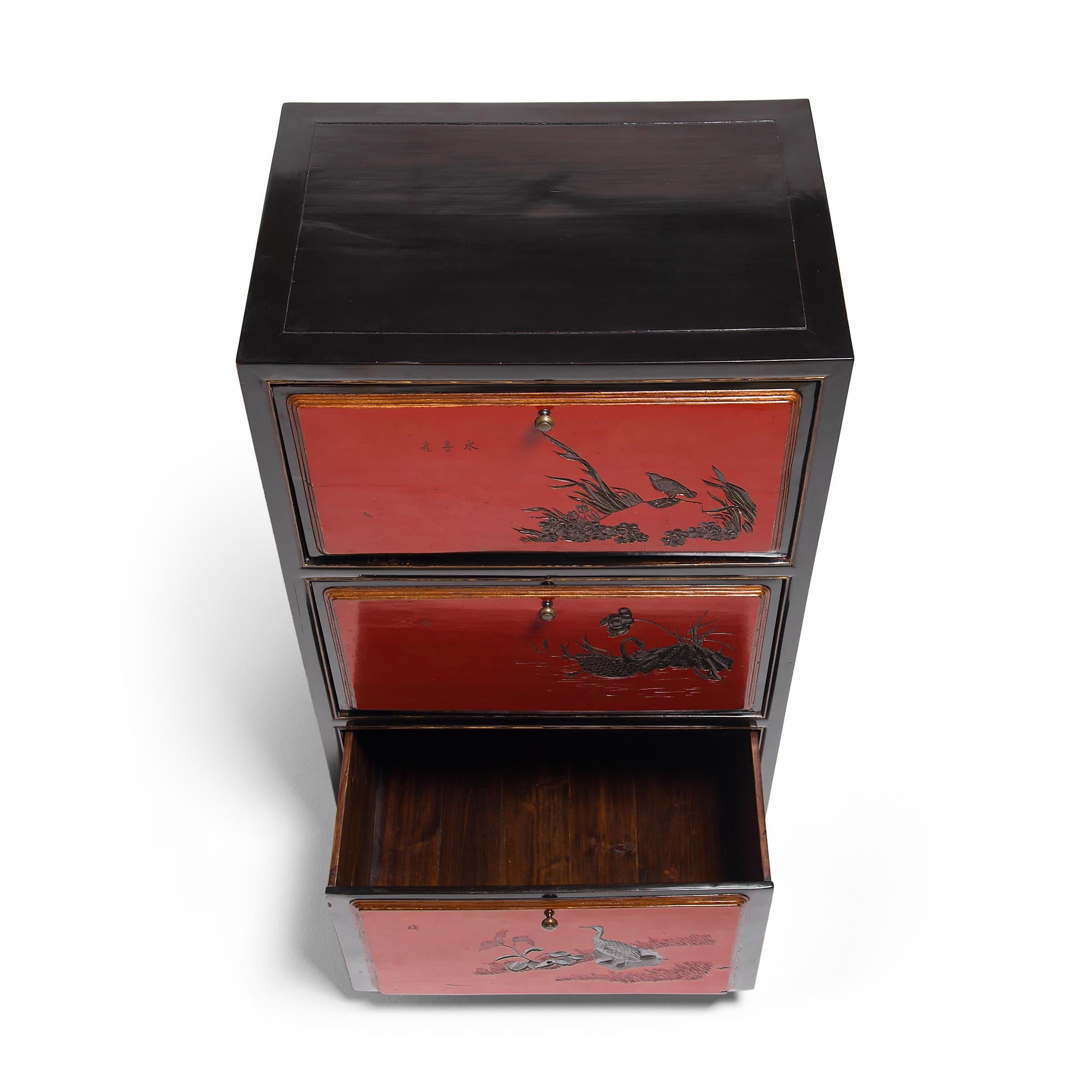 Pair of Chinese Red Lacquer Cabinets with Poetic Pairings, circa 1900 For Sale 9
