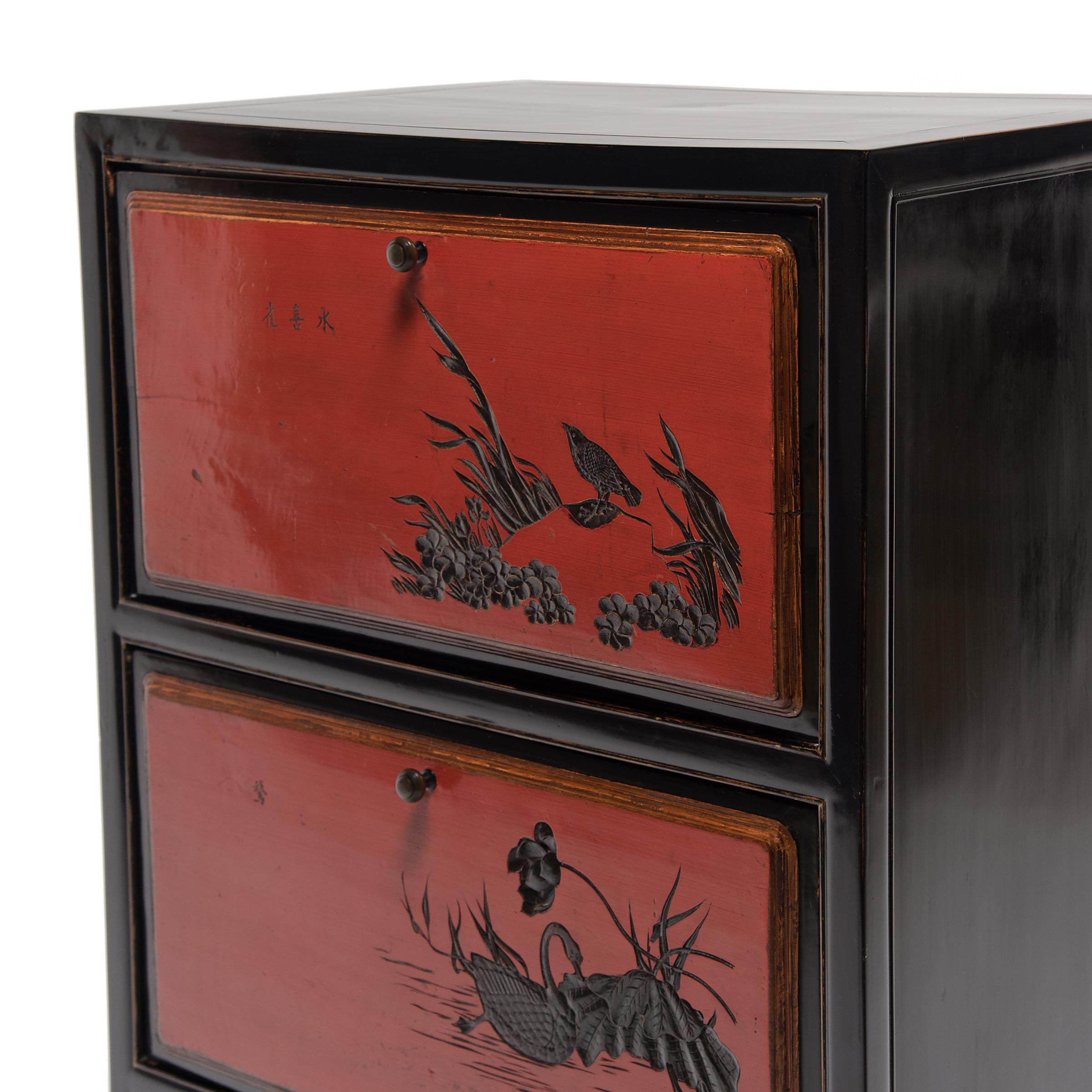 Pair of Chinese Red Lacquer Cabinets with Poetic Pairings, circa 1900 For Sale 11