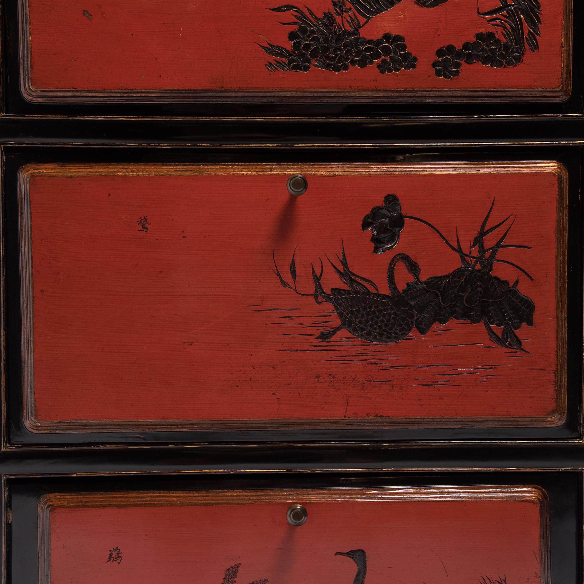 Pair of Chinese Red Lacquer Cabinets with Poetic Pairings, circa 1900 For Sale 12