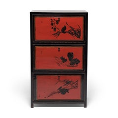 Pair of Chinese Red Lacquer Cabinets with Poetic Pairings, circa 1900